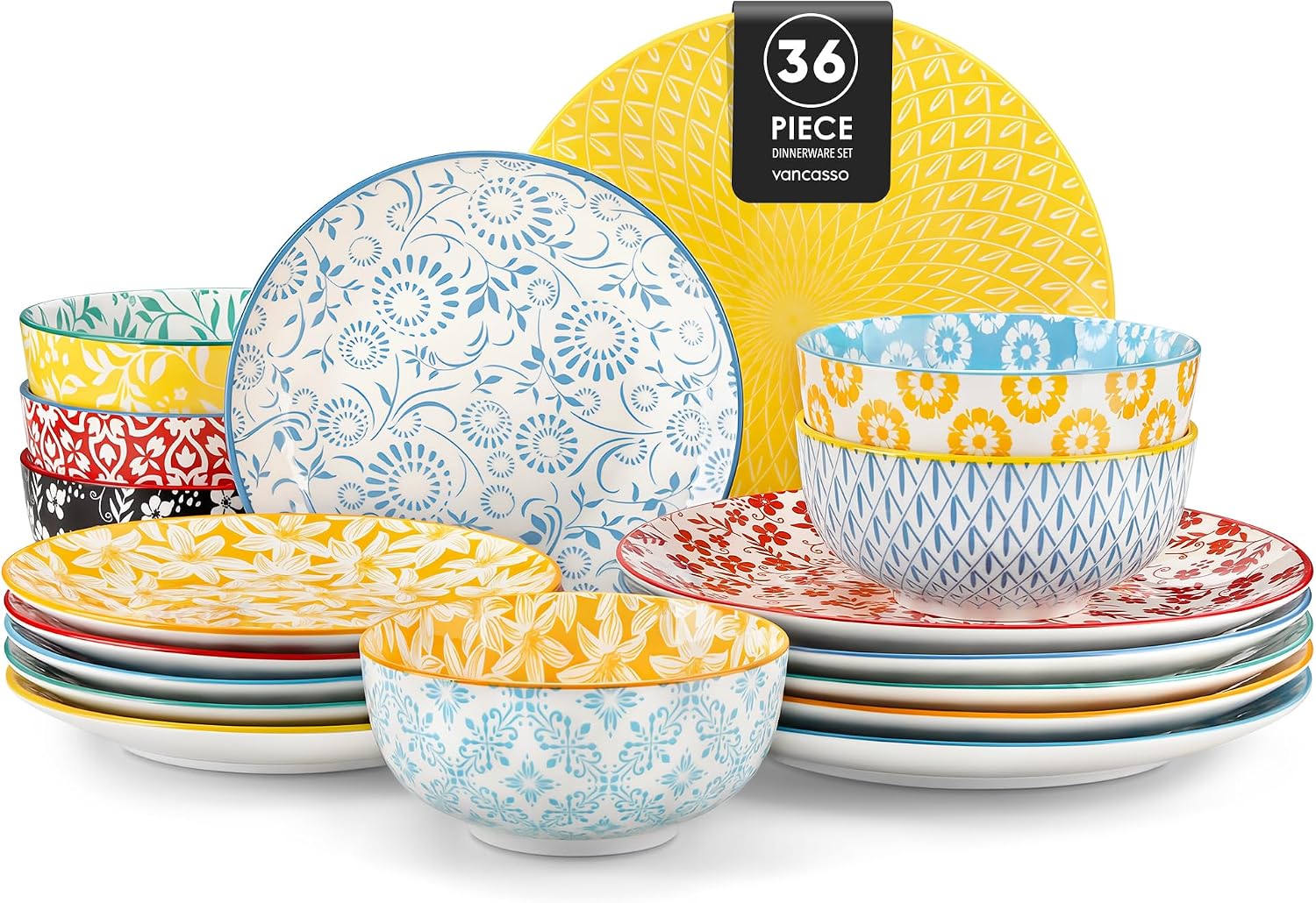 vancasso Selene 36-Piece Colorful Ceramics Plates and Bowls Set for 12