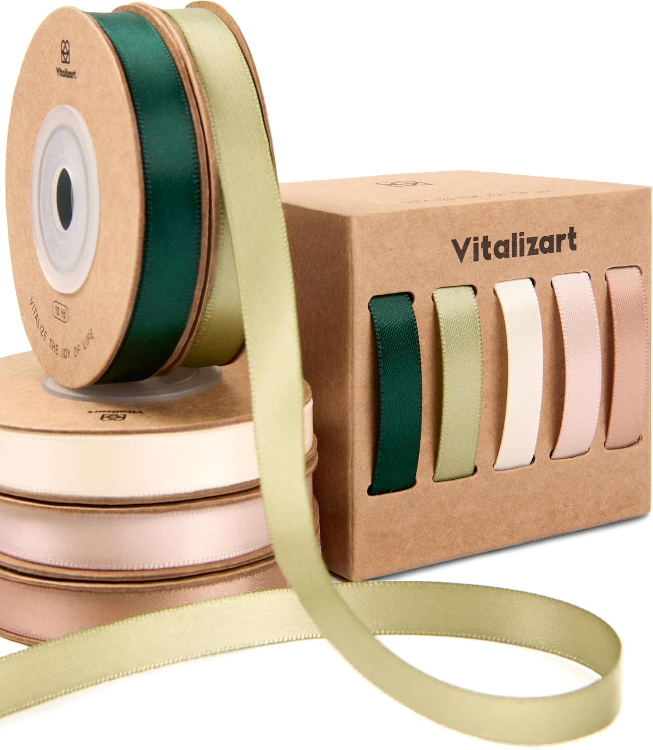 Vitalizart Ribbons for Crafts 3/8" x 50 Yd Satin Ribbon Double Face Gift Wrapping Silk Like Fabric Flower Bouquet Birthday Party Decorations Bridal Shower Wreath Hair Continuous Green Cream Nude