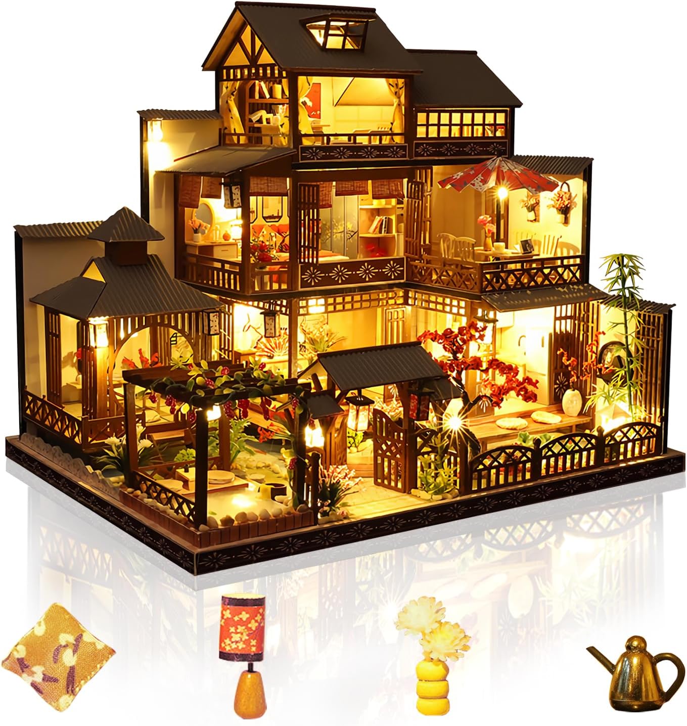 Cuteefun DIY Miniature Dollhouse Kit, Wooden Dollhouse Kit with LED Light, Handmade Crafts for Adults Teen to Build, Make Your Own Dream House Model (Leisure Yard)