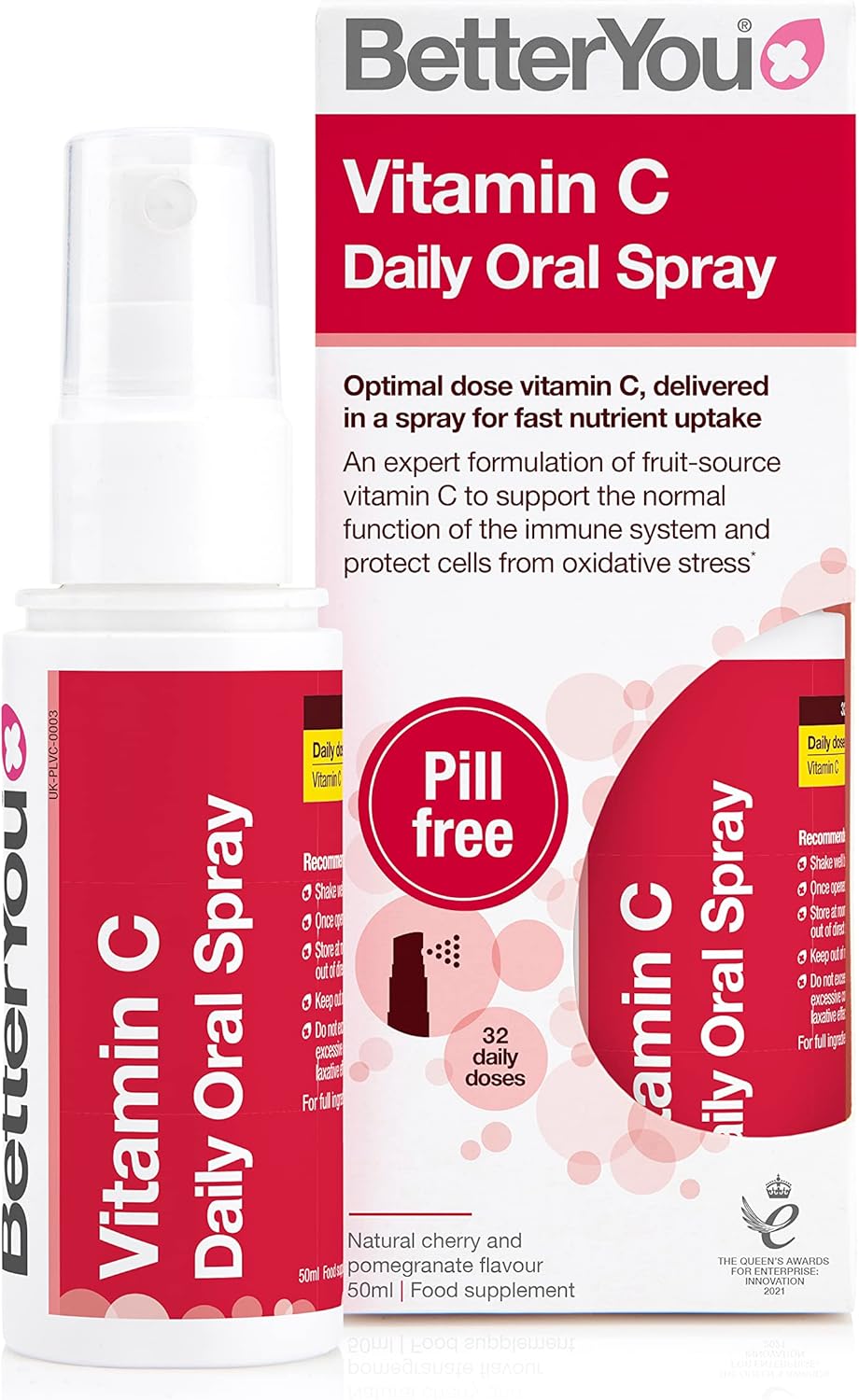 BetterYou Vitamin C Oral Spray, Fast Acting High Strength Vitamin C Supplement, Supports Immune System and Protect Cells from Oxidative Stress, 1-Month Supply, Natural Cherry & Pomegranate Flavour