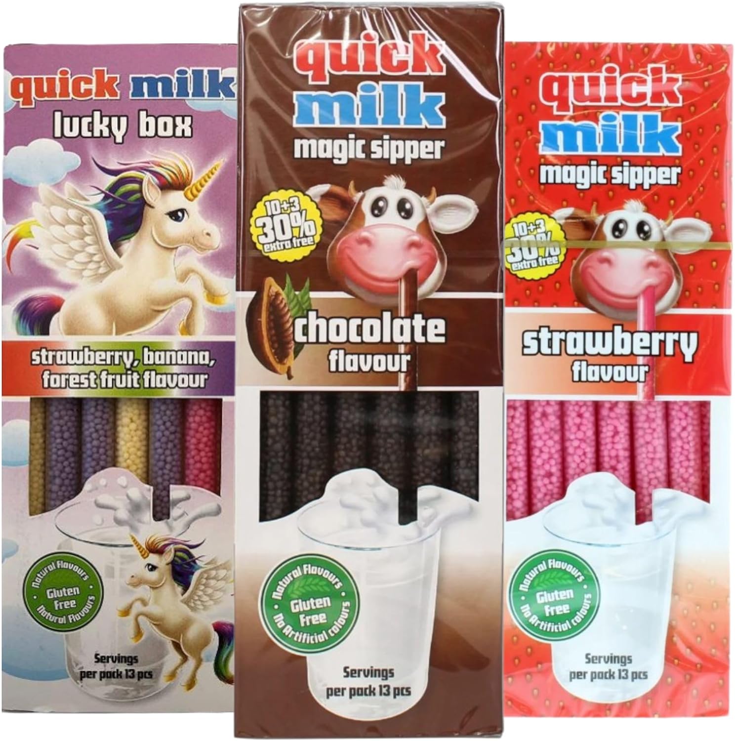 Quick Milk Straws Magic Sipper Straws | Flavoured Milk Straws Milkshake Straws | Milk Chocolate, Strawberry, Banana, Forest Fruits Unicorn Flavours | Pack of 3 (39 Straws)
