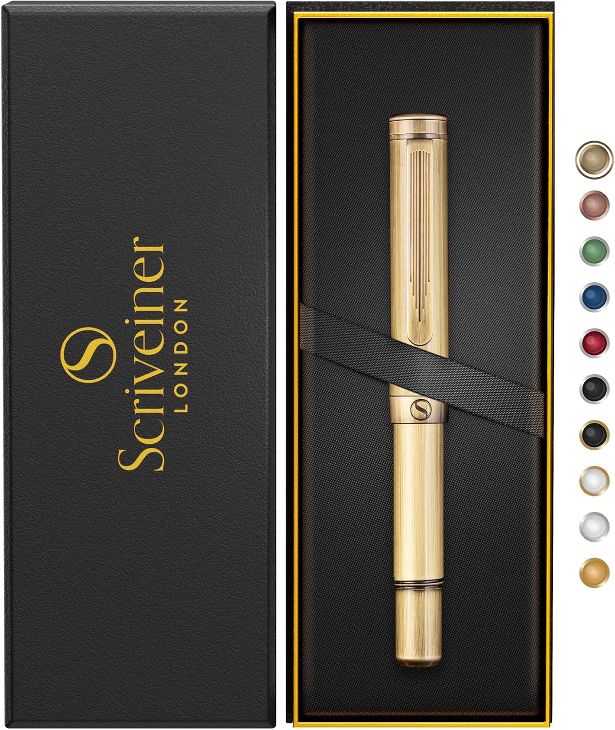 Scriveiner Brass EDC Luxury Rollerball Pen, Stunning Heavy Pocket Pen, Hand Brushed Finish, Cool Writing Pen, Best Pen Gift for Men, Women, German Schmidt Refill, Nice Fancy Office Designer Pen Set