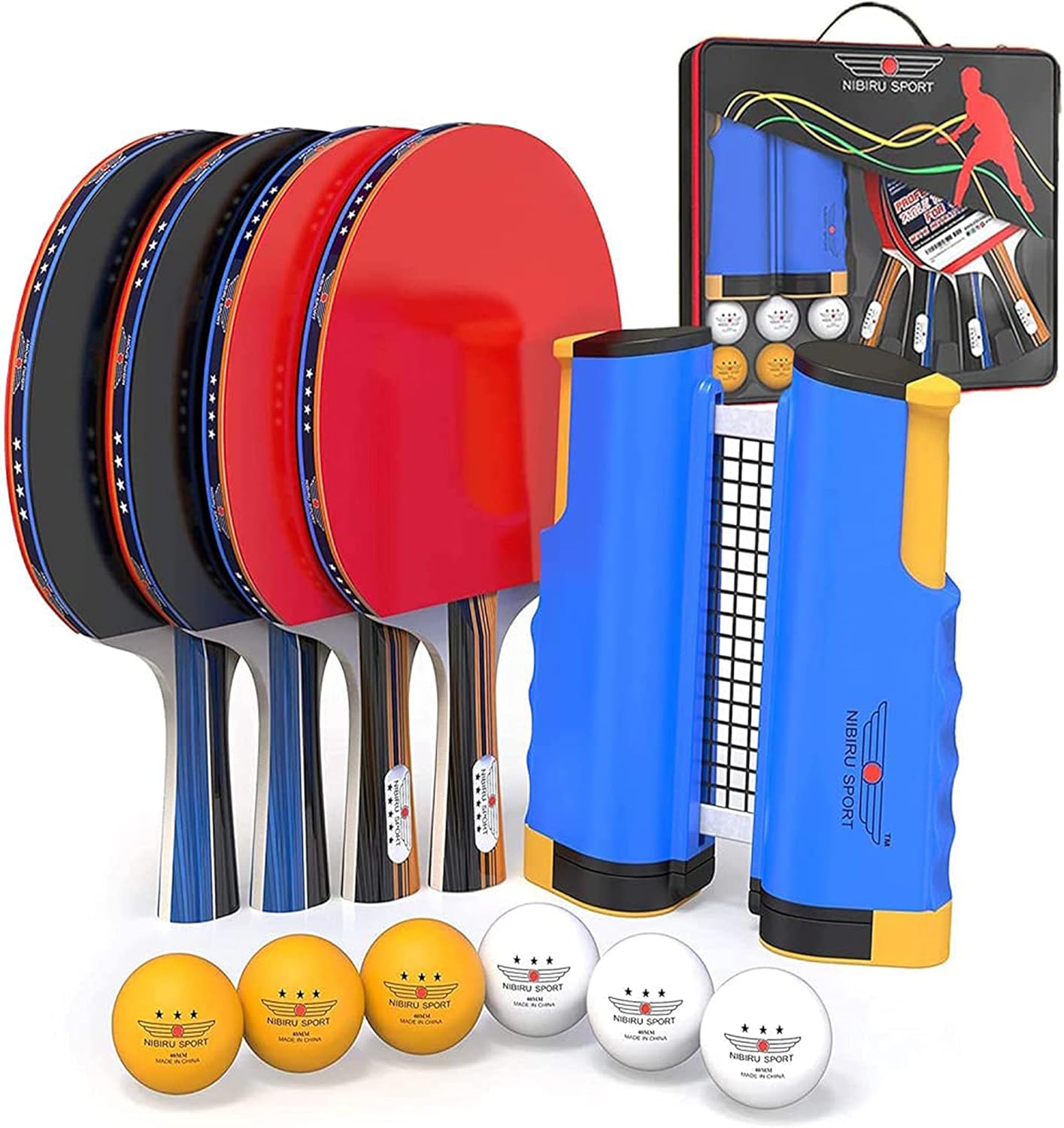 NIBIRU SPORT Professional Ping Pong Paddle Sets - 2 Player or 4 Player Table Tennis Paddles, Retractable Net, Pingpong Balls and Carry Bag Storage Case - Table Tennis Equipment & Ping Pong Accessories