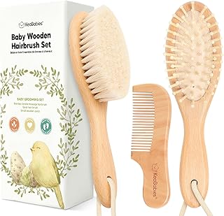 Baby Hair Brush and Comb Set for Newborn - Wooden Baby Hair Brush Set with Soft Goat Bristle, Baby Brush Set for Newborns Baby Brush and Comb Set Girl, Boy, Toddler Cradle Cap Brush (Oval, Walnut)