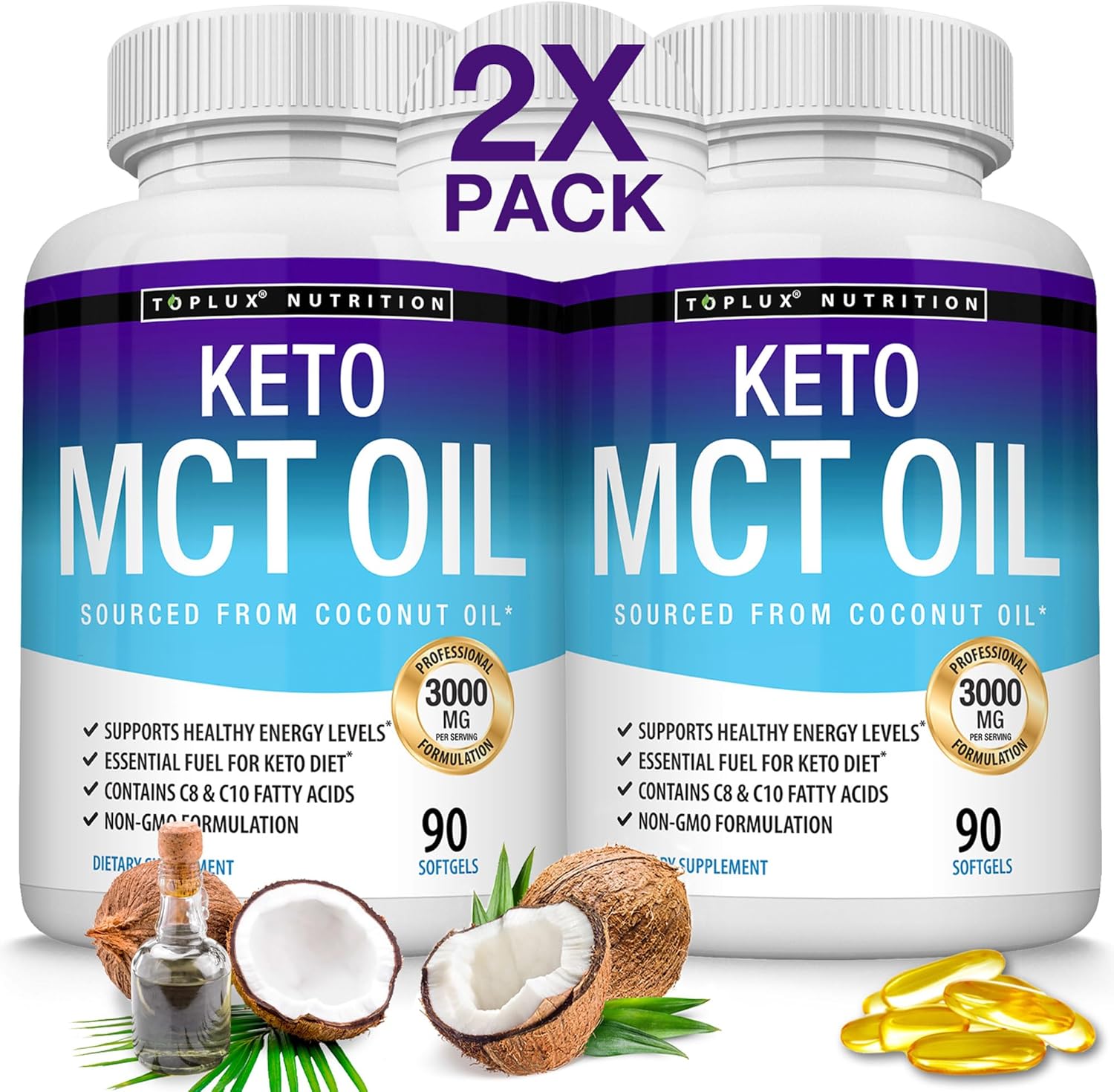 Toplux Keto MCT Oil Capsules - 3000mg Natural Pure Coconut Oil Extract Pills, Source of Energy, Easy to Digest for Men Women, 90 Softgels, Supplement