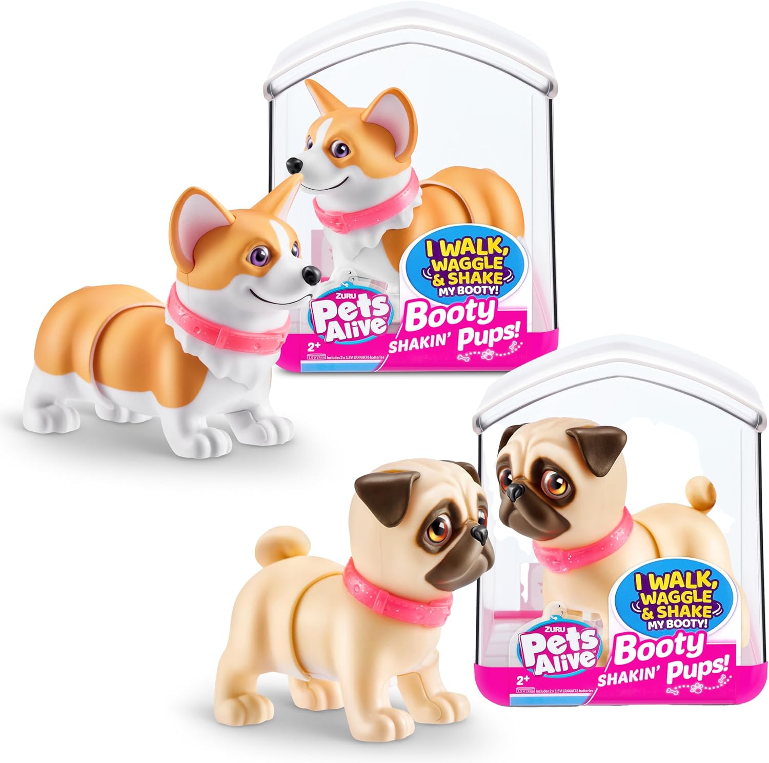 Pets Alive Booty Shakin' Pups (Corgi & Pug) by ZURU, Interactive Mini Dog Toys That Walk, Waggle, and Booty Shake, Electronic Puppy Toy for Kids and Girls (2 Pack)