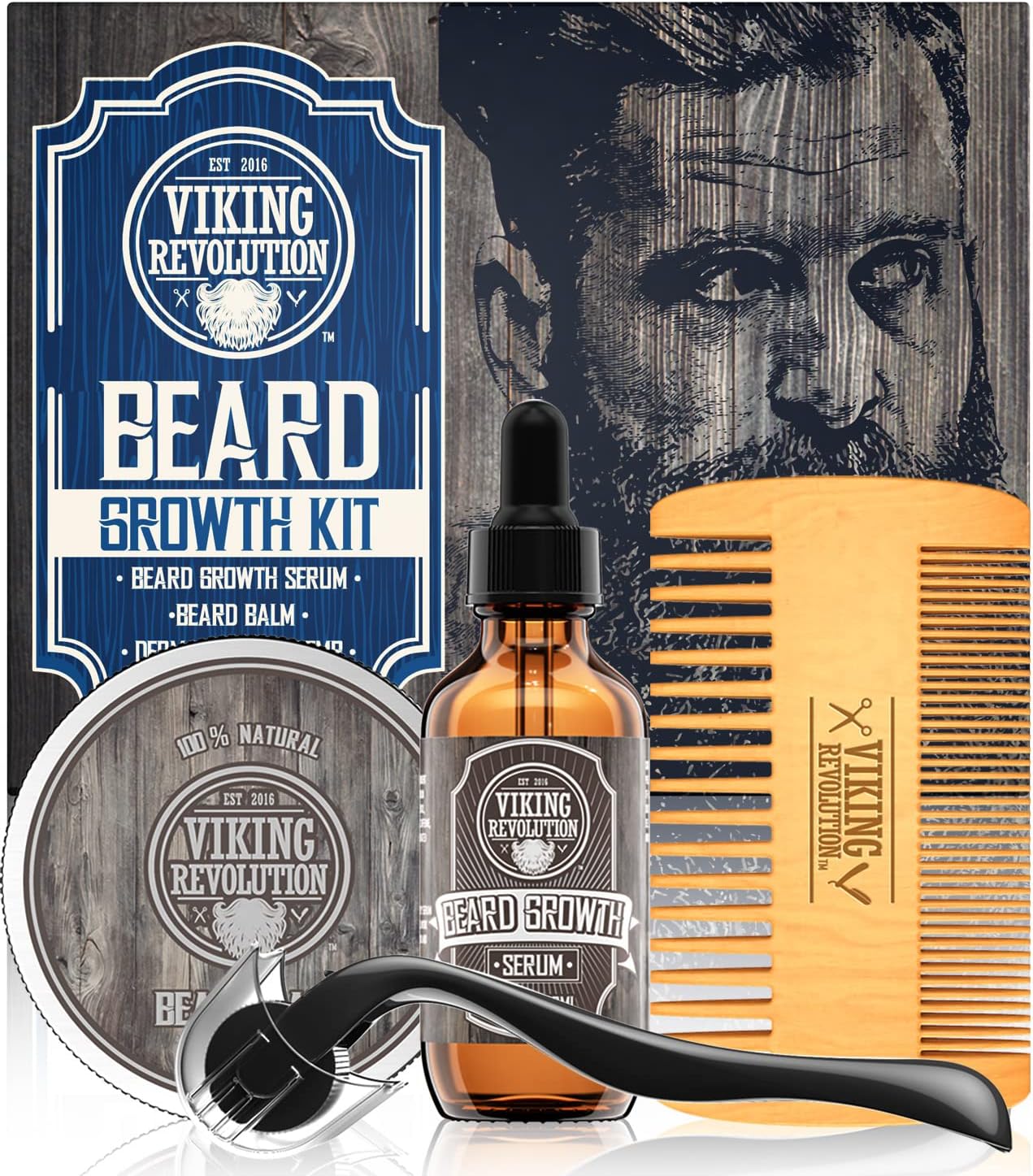 Beard Growth Kit - Oil, Balm, Serum, Derma Roller & Wooden Comb for Beard & Mustache Growth