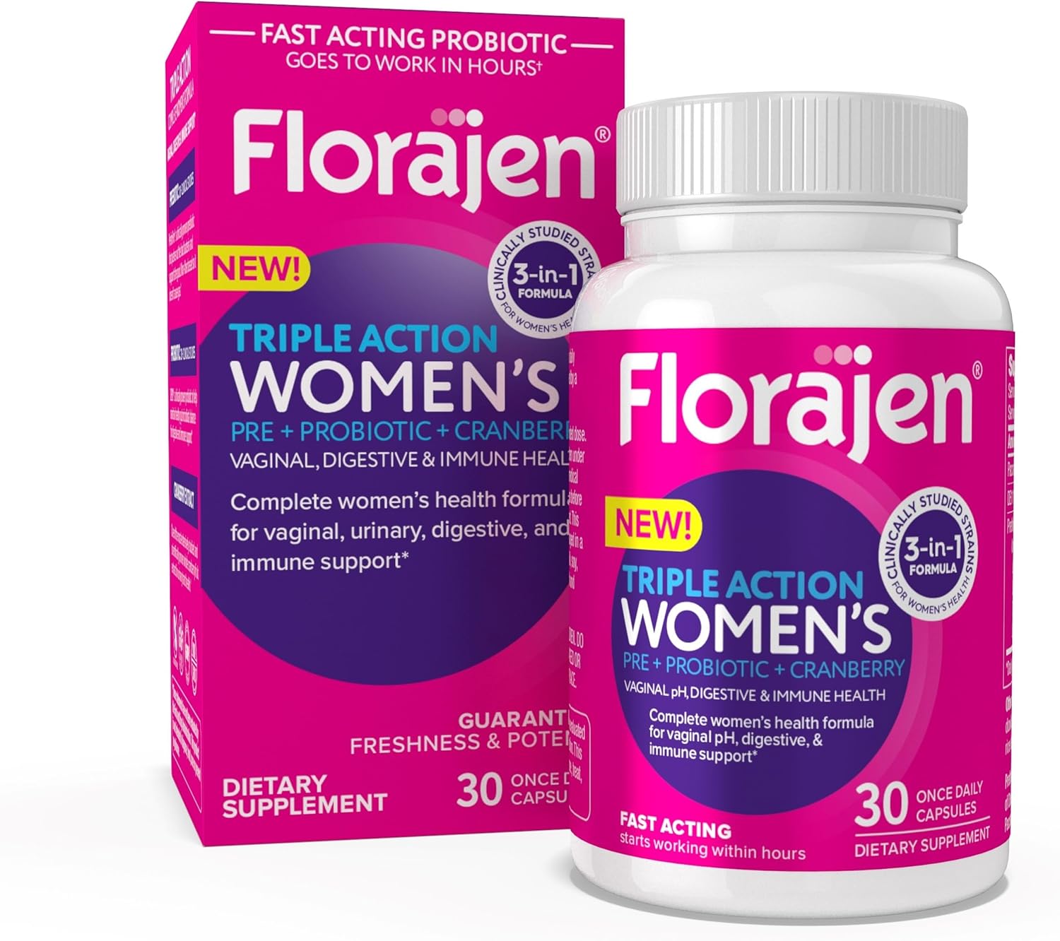 Florajen Women's Vaginal Probiotic, Prebiotic, & Cranberry Supplement for Immune Support and Digestive Health, 30 Capsules