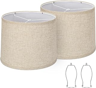 Lampshades Set of 2, Drum Lampshades 11.6" Top x 12.6" Bottom x 9.8" High, Seaside village Medium Lampshades (Spider Fitter), Beige Lampshades Natural Linen Hand Crafted, Easy Assembly Required