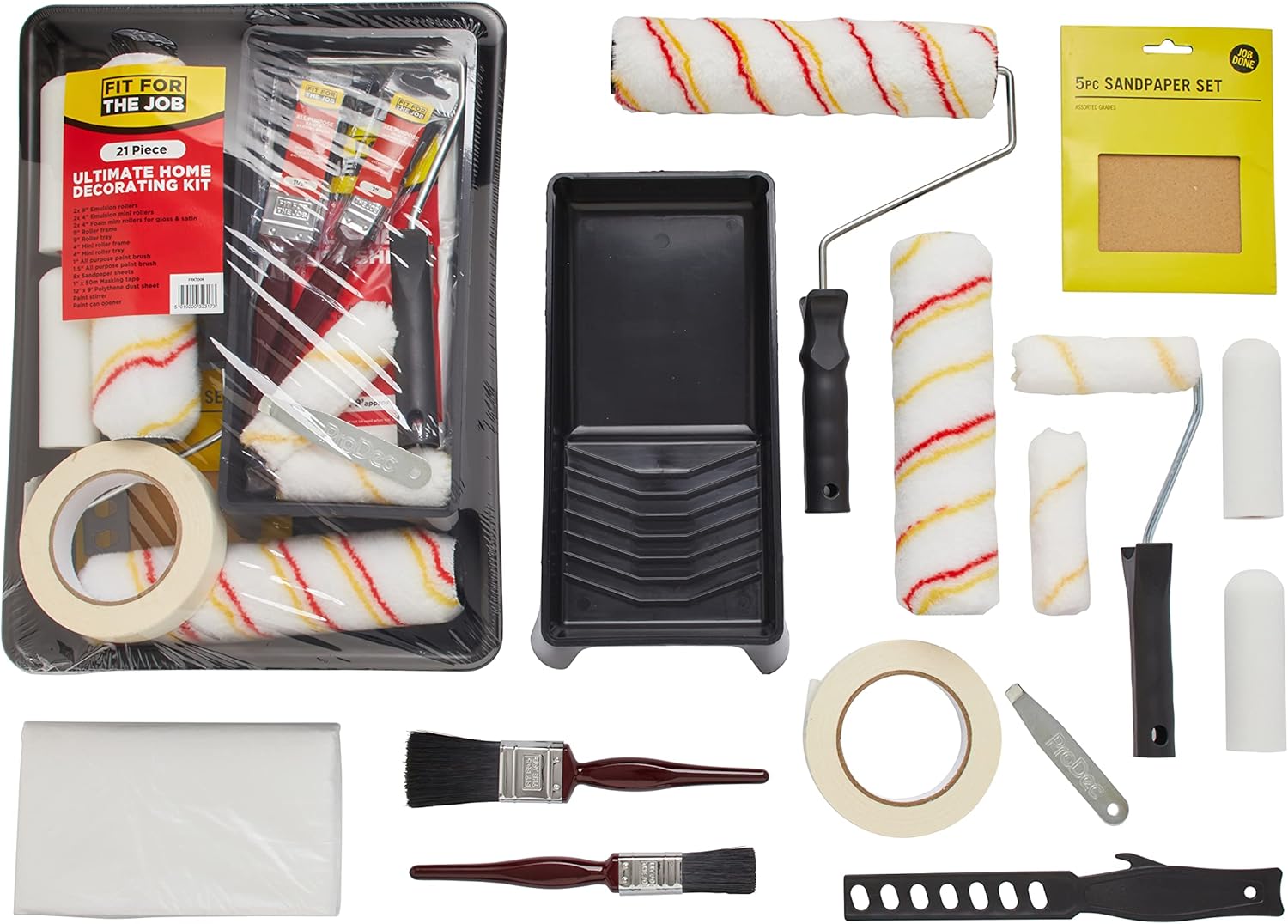 Fit For The Job 21pcs Ultimate Paint Rollers & Trays Set - Paint Brushes,Dust Sheet,Sandpaper,Tape & More-Roller Sets for Painting Walls & Ceilings with Emulsion,Mini Rollers for Painting Wood & Metal