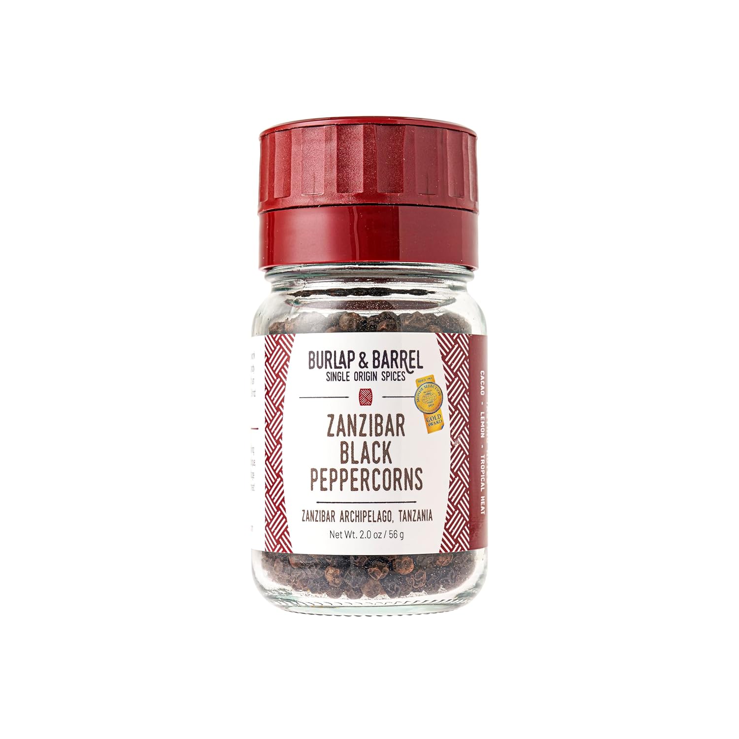Burlap & Barrel - Zanzibar Black Peppercorns - As Seen On Shark Tank - Award-Winning, Vine-Ripened, Bright, Lemony, Spicy - Peppercorns Whole, Pepper Corns - Gift for Cooks, 2 Oz Grinder-Top Glass Jar