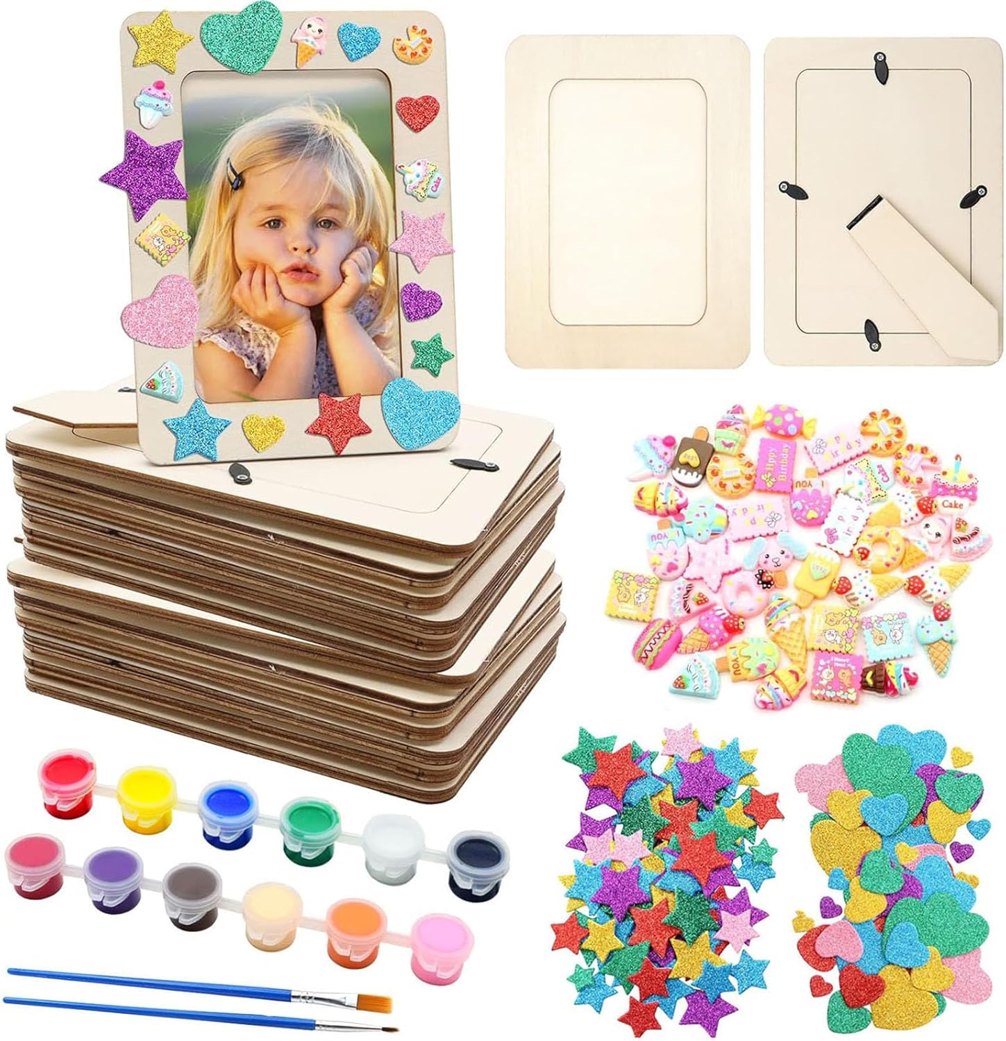 ZOCONE 12 Pcs Wooden Picture Frames for Craft, 7.5"x5.5" Unfinished Wood Photo Frames with Stand, DIY Wood Frame with Stickers, Resin Accessories, Painting Tools, Mothers Day Crafts for Kids to Make