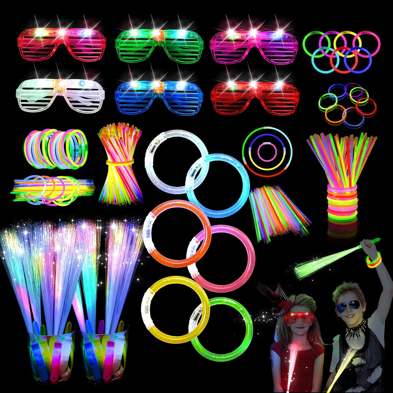118PCS Glow in the Dark Party Supplies, Glow Sticks Bulk Party Pack, 6PCS Glow Fibre Optic Wands, 6PCS LED Glasses, 6PCS Glow Bracelets and 100PCS Glow Sticks for Neon Party Decorations, Wedding