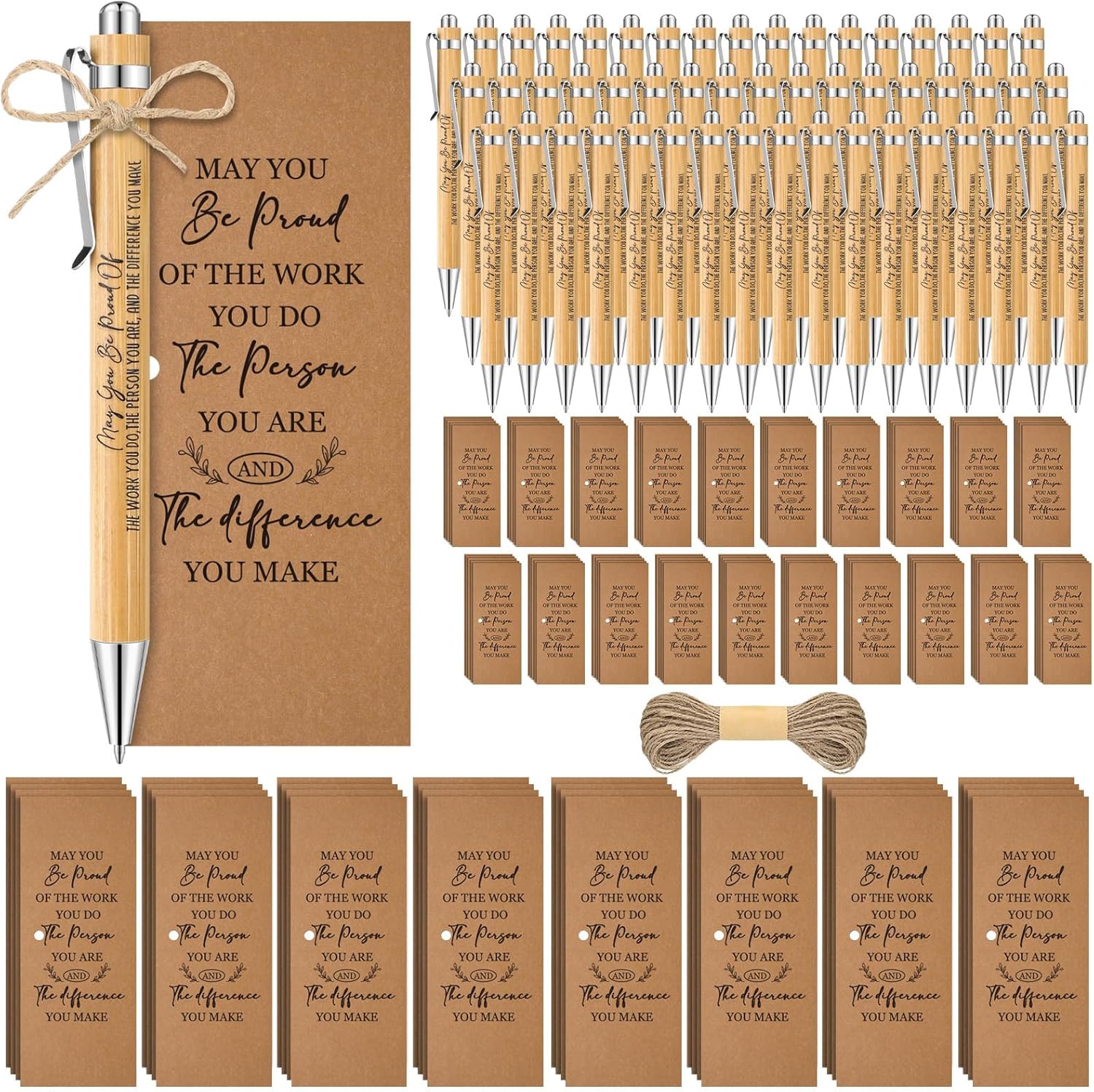 Jetec 60 Pcs Employee Appreciation Gifts Back School Bulk Inspirational Sign Wood Bamboo Pens Thank You Gifts with Bookmark Cards for Teacher Nurses Employee Coworker Colleague Team Party Favor