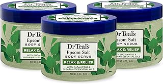 Dr Teal's Pure Epsom Salt Body Scrub, Relax & Relief with Eucalyptus & Spearmint Essential Oils, 16 oz (Pack of 3) (Packaging May Vary)