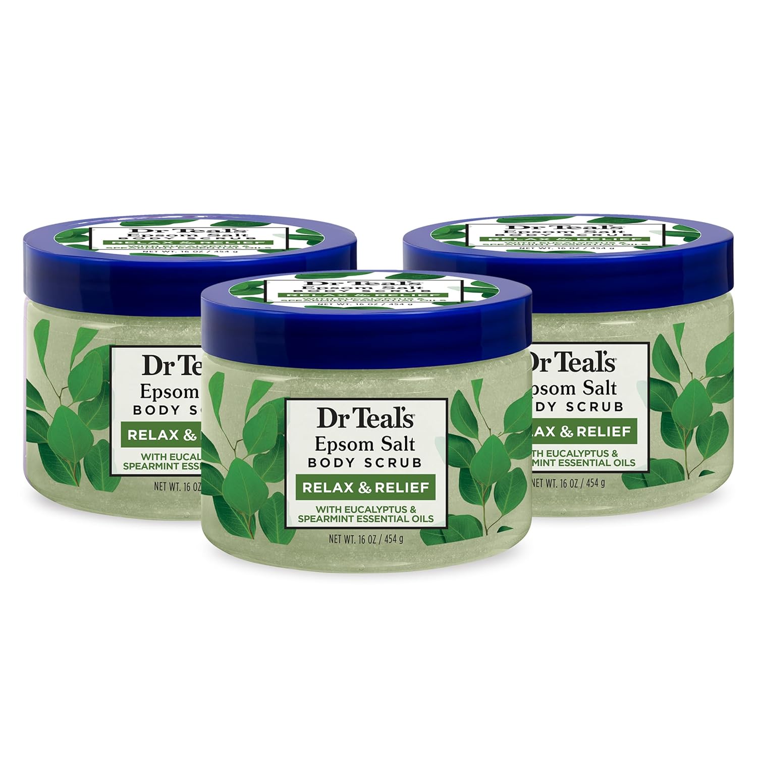 Dr Teal's Pure Epsom Salt Body Scrub, Relax & Relief with Eucalyptus & Spearmint Essential Oils, 16 oz (Pack of 3) (Packaging May Vary)