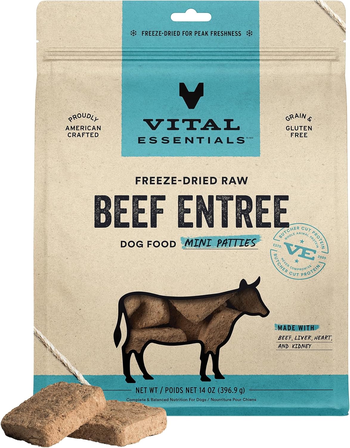 Vital Essentials Freeze Dried Raw Dog Food, Beef Mini Patties Entree, 14 oz