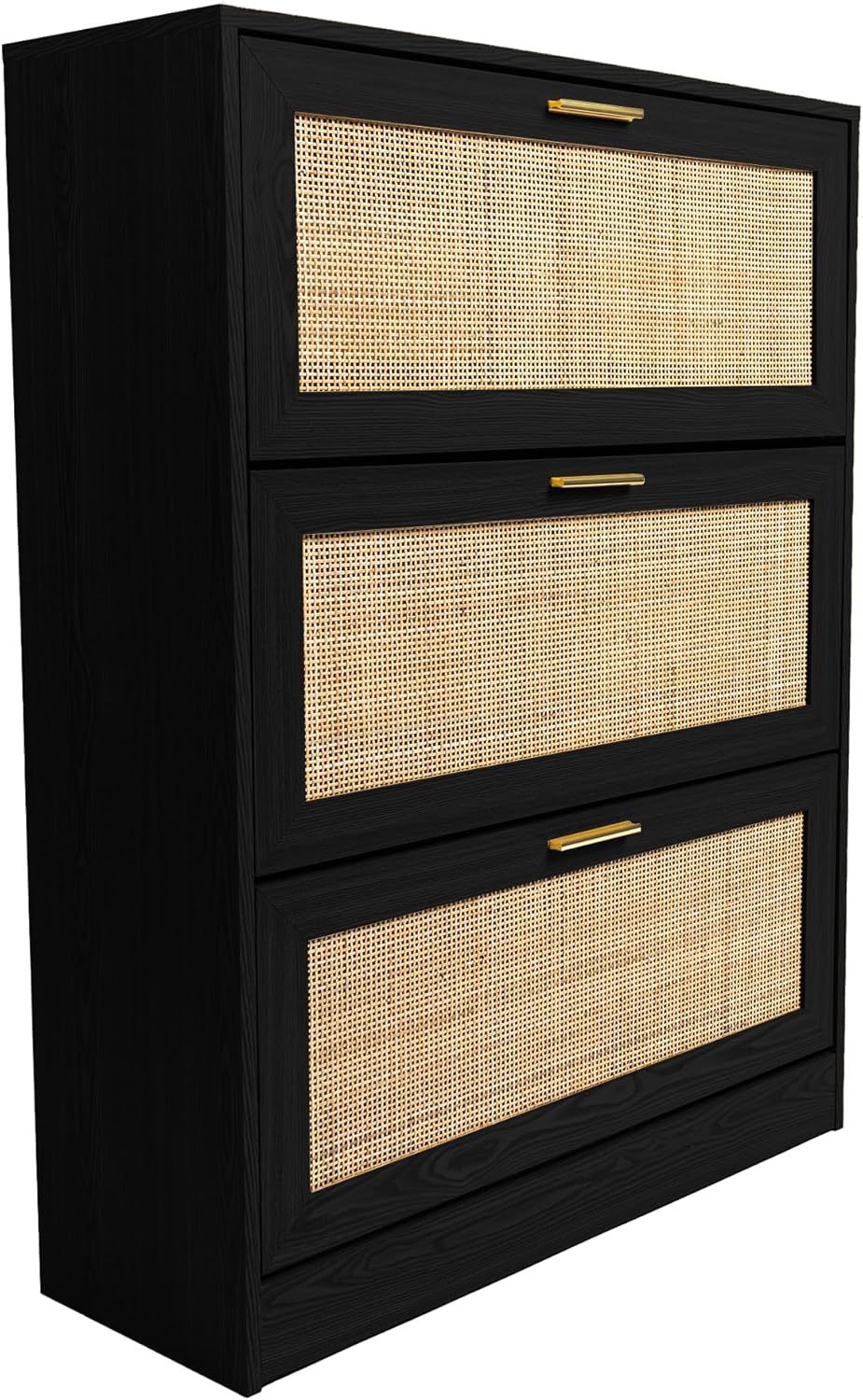 Atlantic Loft & Luv 31.5" W x 41.3" H 3-Tier Flip Door Rattan Inlay Shoe Cabinet, Freestanding, Shoe Rack Organizer, 12 Pair Shoe Rack, Entryway Shoe Storage, Mid-Century Boho, Ebony Finish