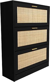 Atlantic Loft & Luv 31.5" W x 41.3" H 3-Tier Flip Door Rattan Inlay Shoe Cabinet, Freestanding, Shoe Rack Organizer, 12 Pair Shoe Rack, Entryway Shoe Storage, Mid-Century Boho, Ebony Finish