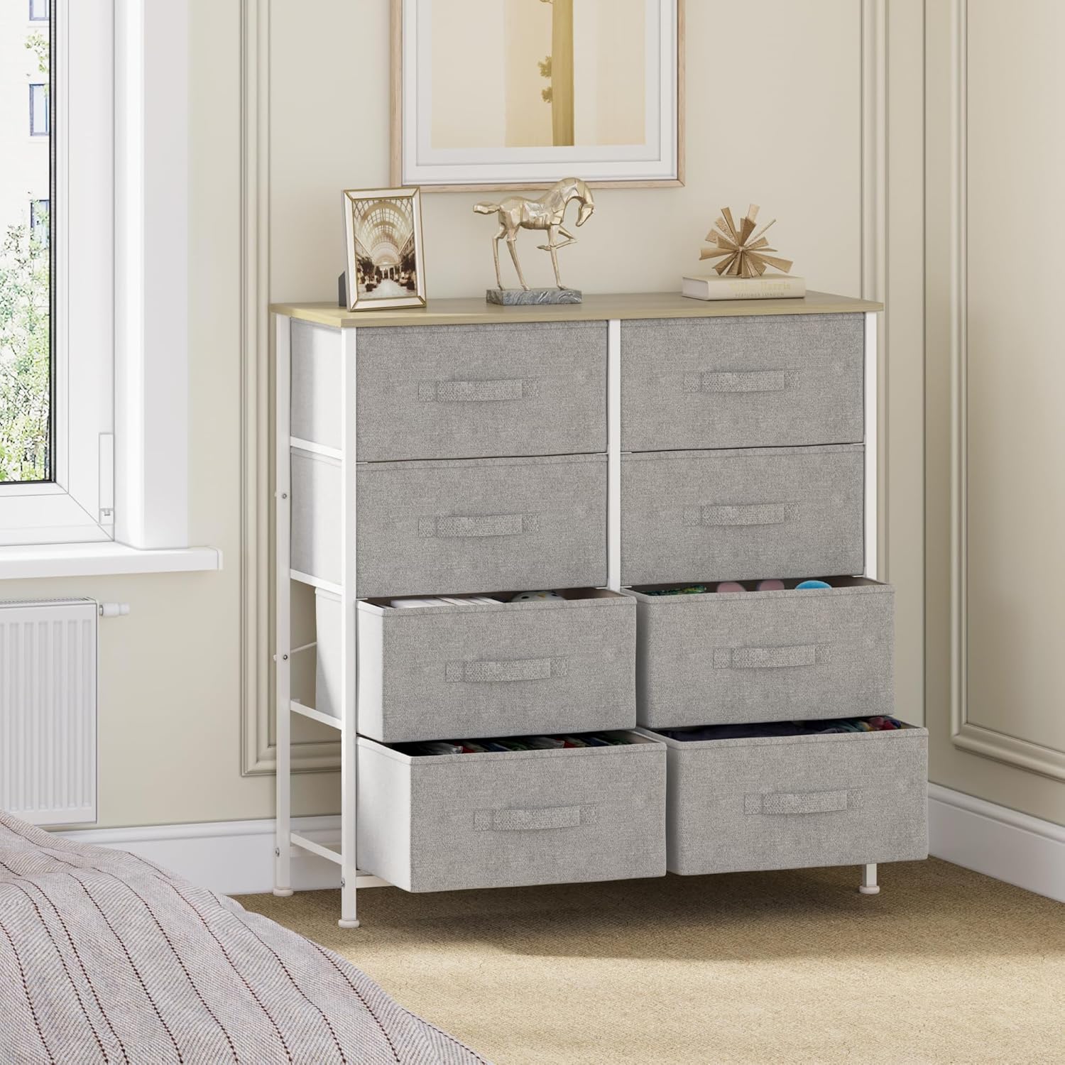 Jooli H Bedroom Chest of Drawers, Storage Unit with 8 Fabric Drawers and Metal Frame Storage Organizer for Cloth Towel Wardrobe Toys, Beige