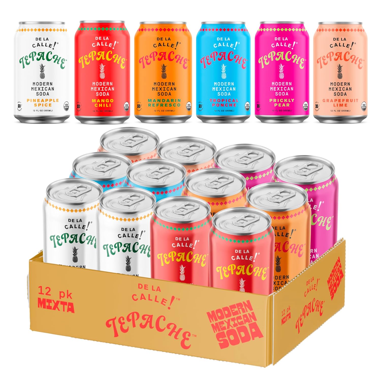 De La Calle Tepache - Mixta Variety Pack - Modern Mexican Soda - Craft Fermented Pineapple Sparkling Beverage - Certified Organic, Antioxidant Rich, Non-Alcoholic, Healthy Soda, Low Sugar, Low Calorie, Non-GMO