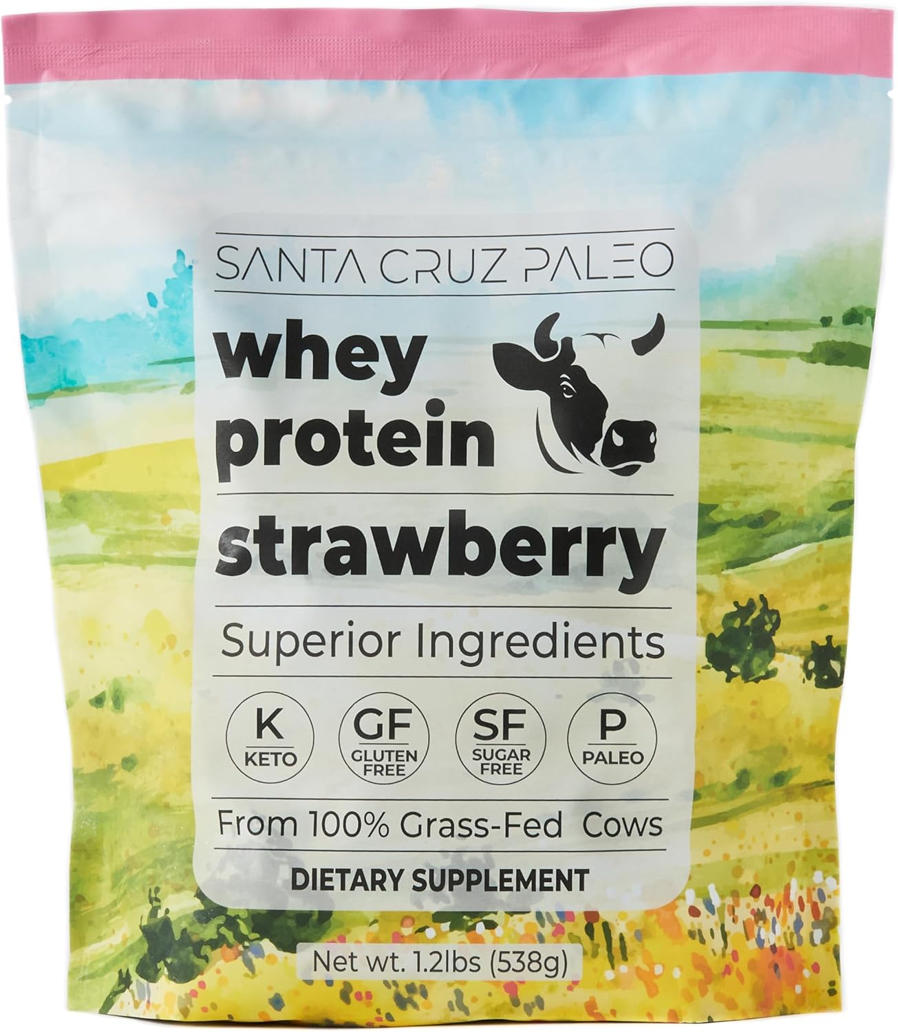 Santa Cruz Paleo Whey Protein Powder, Strawberry, 20g Grass Fed Whey Protein Isolate Per Serving, Gluten Free, Keto, Sugar Free, Paleo, Natural, Post Workout Muscle Support, 20 Servings, 1.2lb Bag