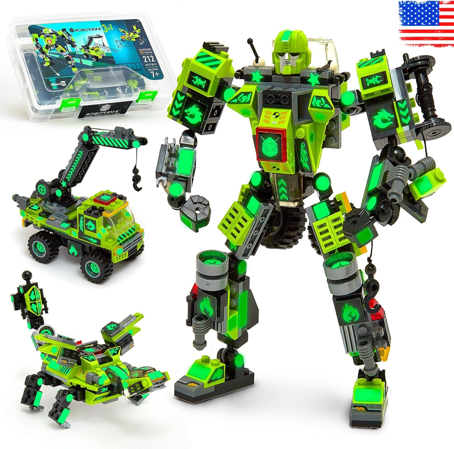 JITTERYGIT Mech Buildable Robot Glow in The Dark STEM Action Figure Toy Set, Cool Space Super Hero Christmas Birthday Gift, Xmas 3 in 1 Present DIY for Boys, Girls, Teen 6 7 8 9 10 Year Olds
