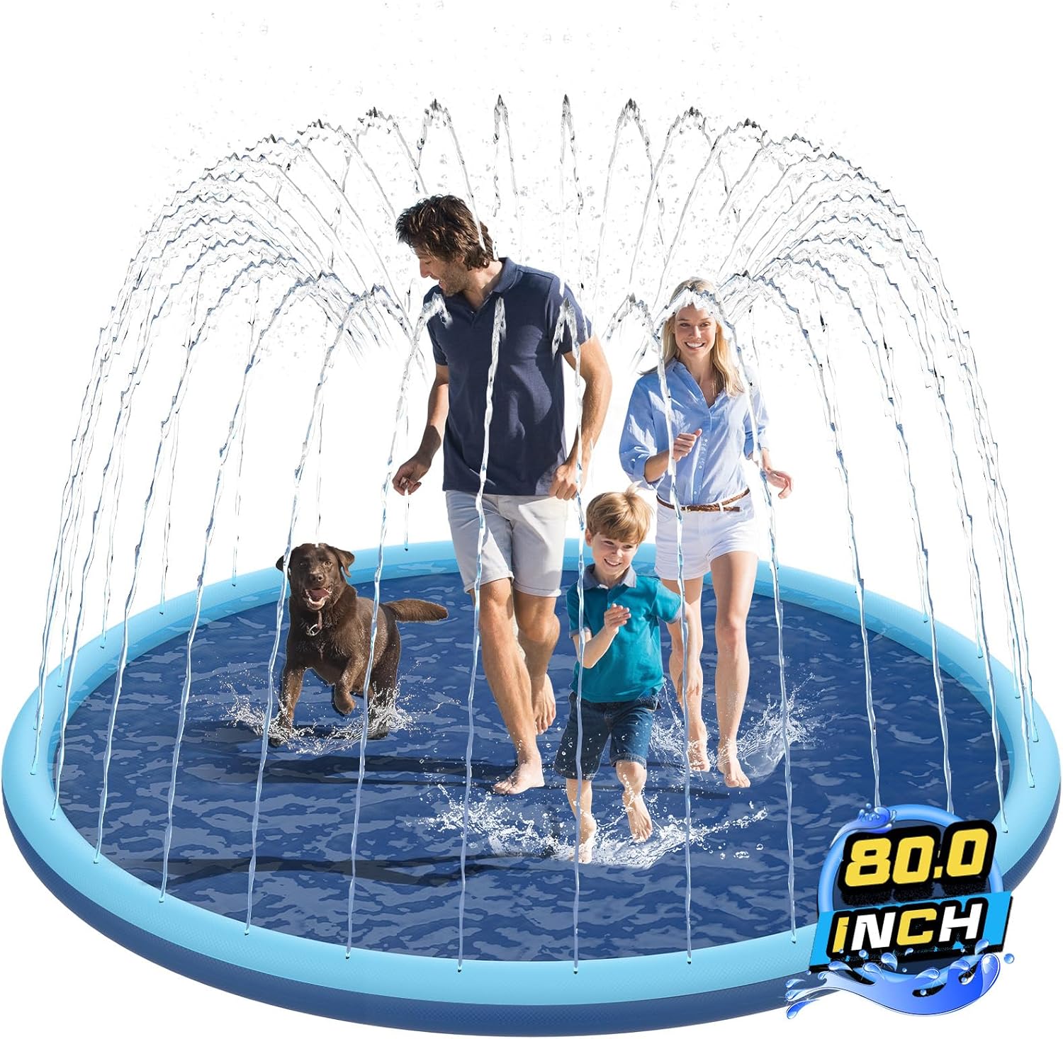 Non-Slip Splash Pad for Kids and Dog, 80" Extra Large Baby Play Mat, Dog Pool Toys, Thicken Sprinkler Pool Summer Outdoor Water Toys for Ages 3-12 Boys Girls, Parent-Kids &Games Fun Backyard (Blue)