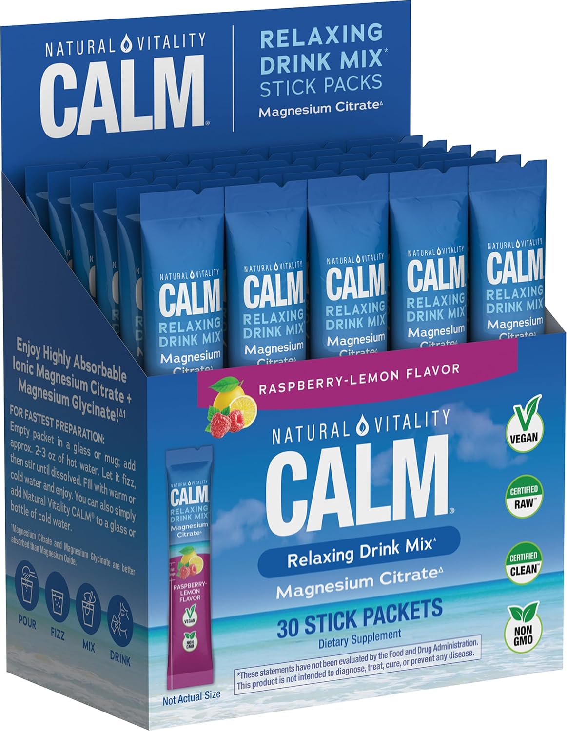 Natural Vitality Calm, Magnesium Citrate Supplement, Anti-Stress Drink Mix Powder - Gluten Free, Vegan, & Non-GMO, Raspberry Lemon, 0.12 oz, 30 Packets