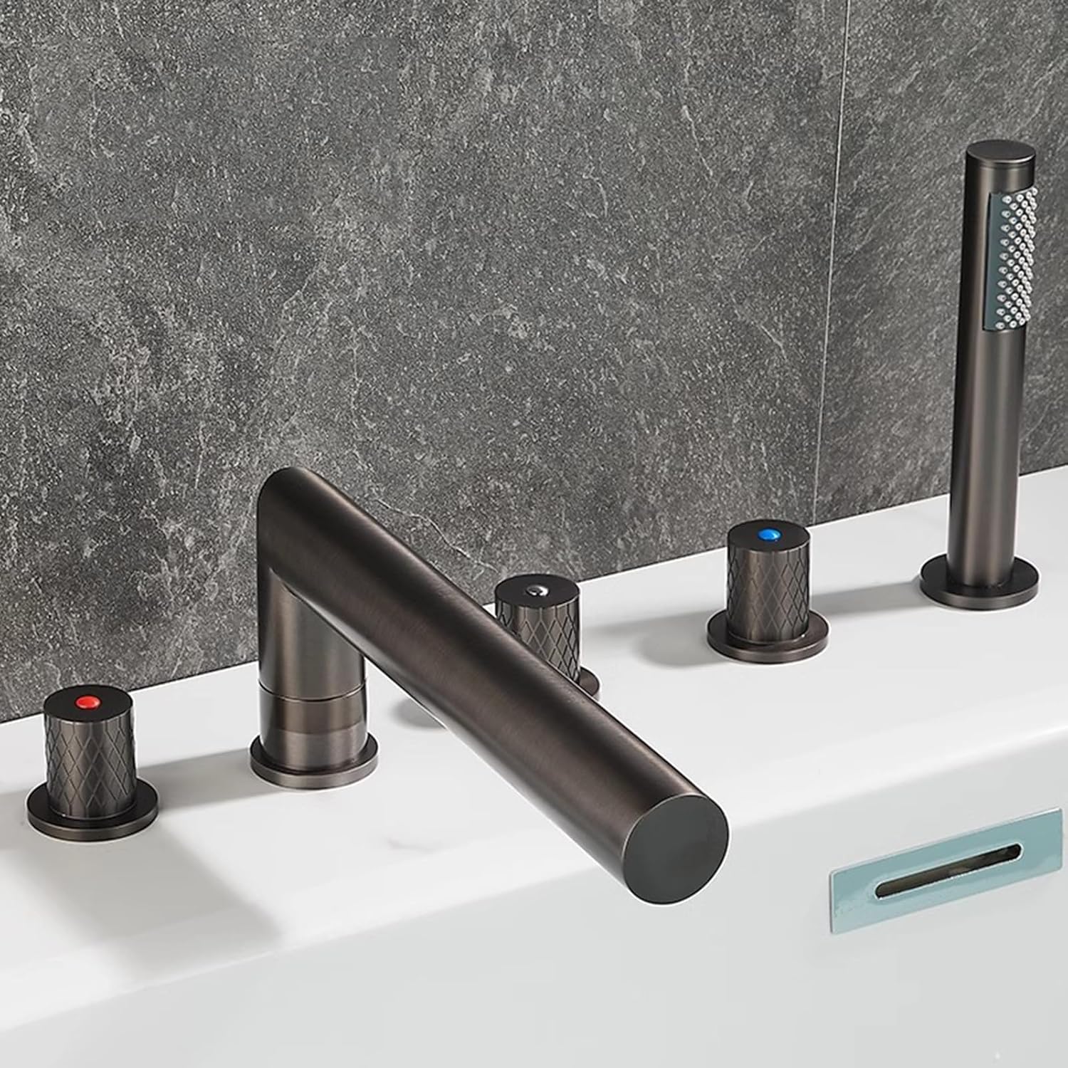 5 Hole Bath Tap Set Waterfall Bath Mixer Taps with Shower with 360 Rotatable Hot and Cold Brass Bathtub Faucet Grey