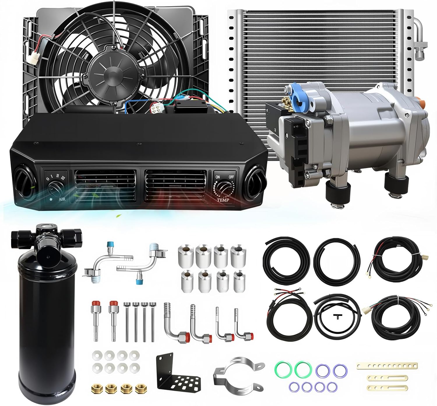 Universal 12V Air Conditioner Under Dash AC Kit cooling heating, Fit for most vehicle models such as RVs trucks vans excavators buses sedans pickups and underdash air conditioner.