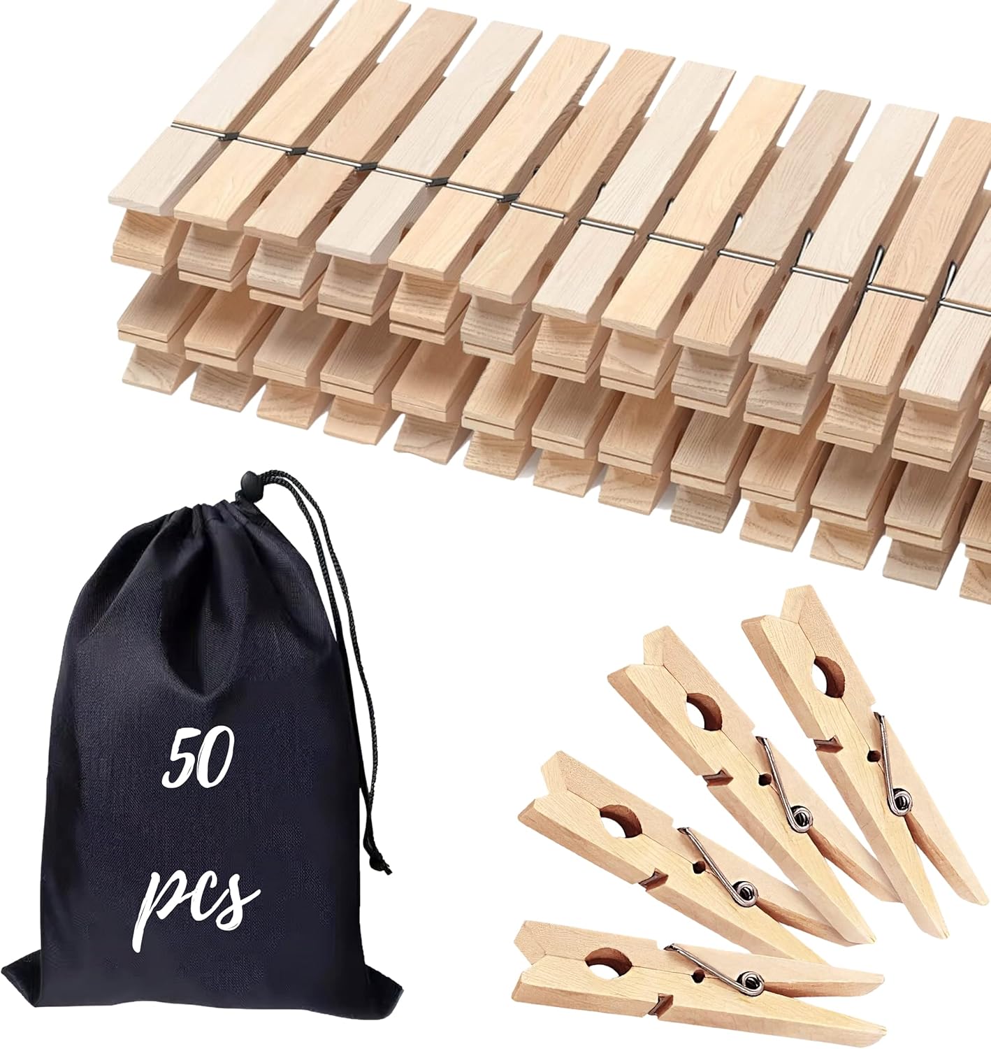 Clothes Pins Wooden Clothespins, 50 PCS 2.9" Natural Birchwood Clothing Pins, Strong Springs Wood Close Pins with Storage Bag, Wooden Clothespins for Laundry, Hanging Clothes, Classroom, Crafts