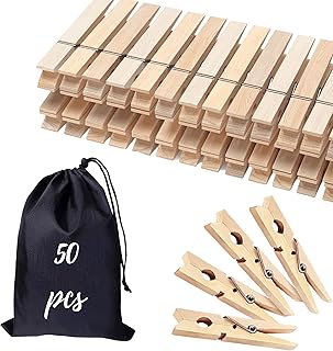 Clothes Pins Wooden Clothespins, 50 PCS 2.9" Natural Birchwood Clothing Pins, Strong Springs Wood Close Pins with Storage Bag, Wooden Clothespins for Laundry, Hanging Clothes, Classroom, Crafts