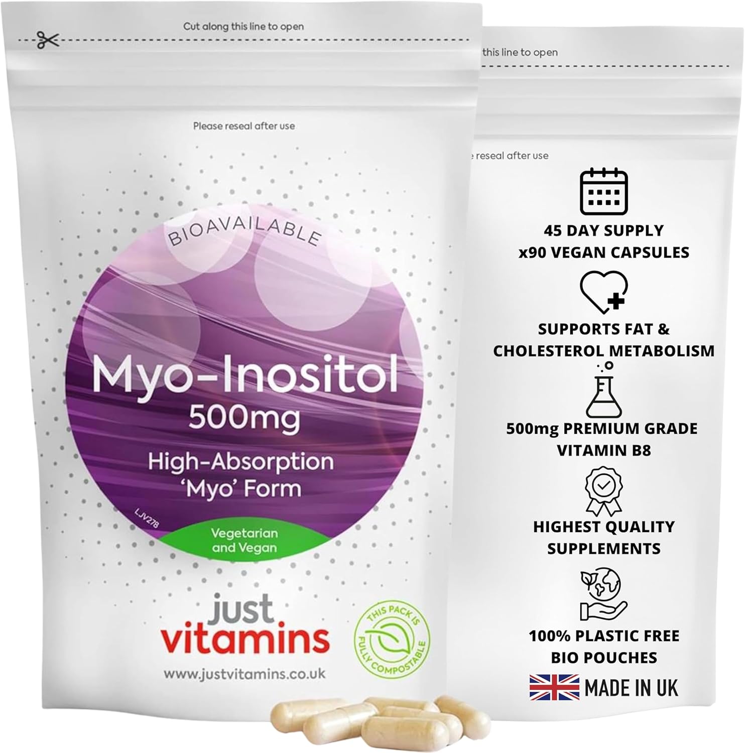 Myo-Inositol 500mg | 90 Vegan Capsules | Premium Quality Vitamin B8 for Female Hormone, PCSO, Fertility, Ovarian & Cycle Support | UK Made - Just Vitamins
