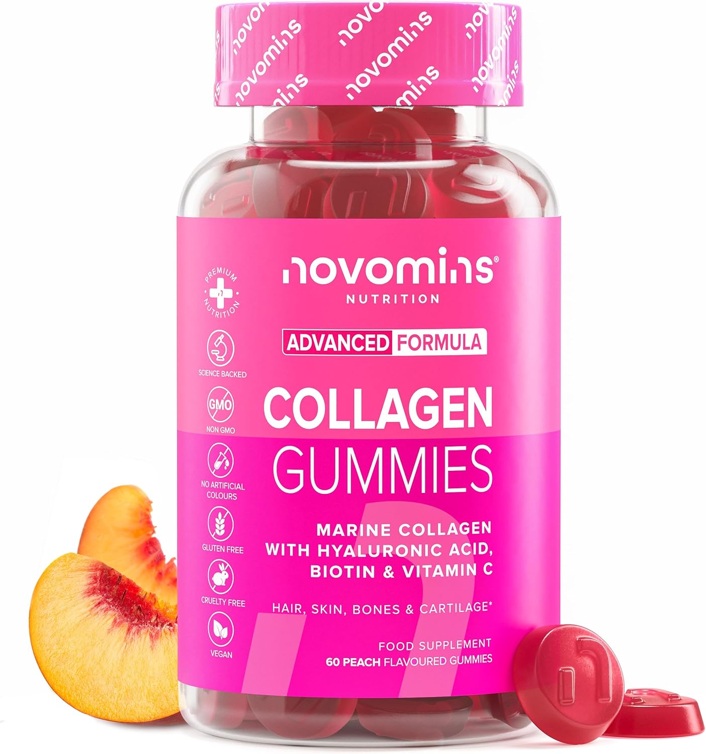 Marine Collagen Gummies - Hydrolysed Collagen Peptides with Hyaluronic Acid, Vitamin C & Biotin - More Convenient Than Collagen Powder - Collagen Supplements for Women - 60 Gummies - Novomins
