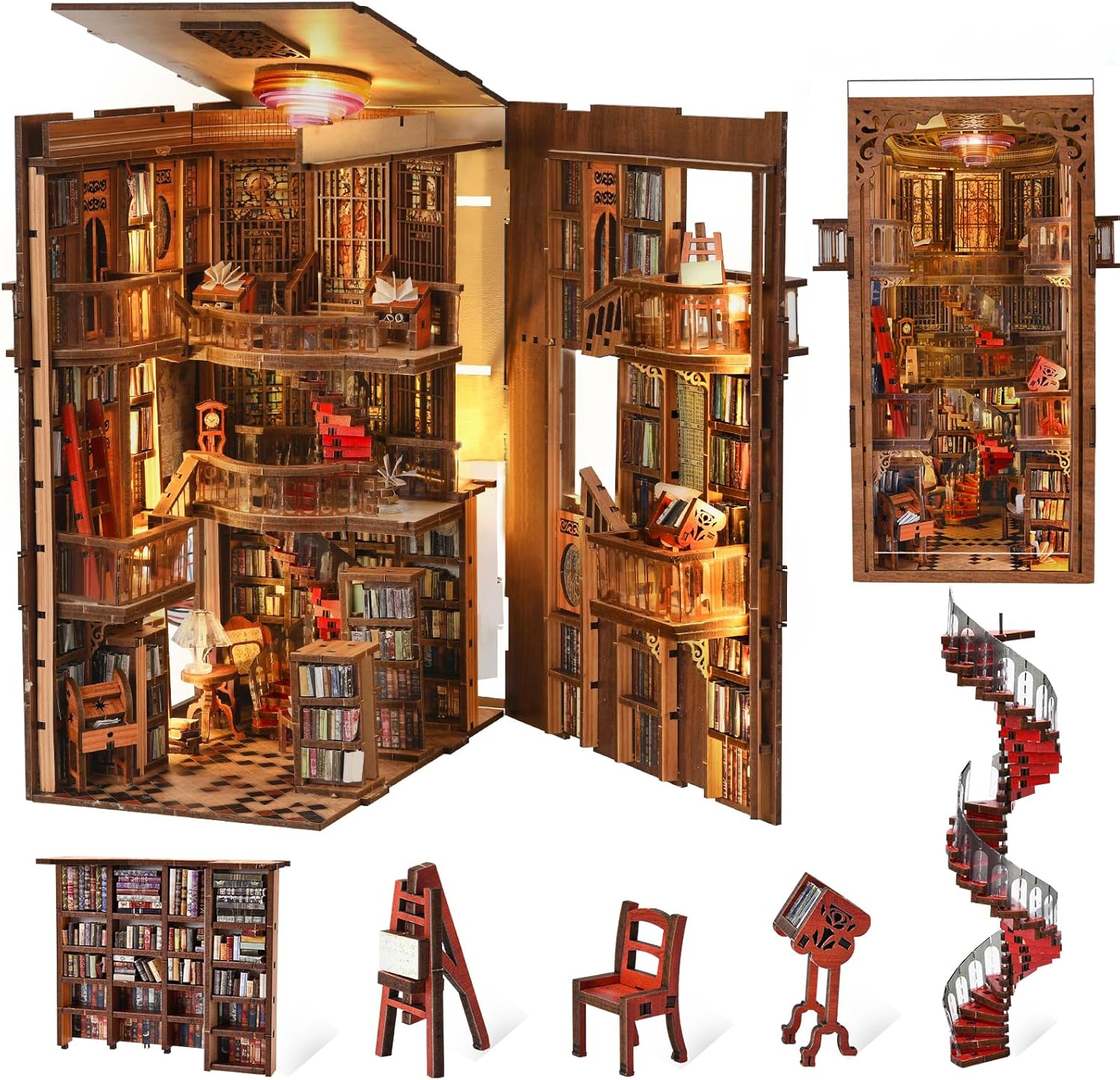 Book Nook Kit, DIY Miniature Dollhouse Booknook Kit, 3D Wooden Puzzle Bookend Bookshelf Insert Decor with LED Light for Teens and Adults (Abbey Library)