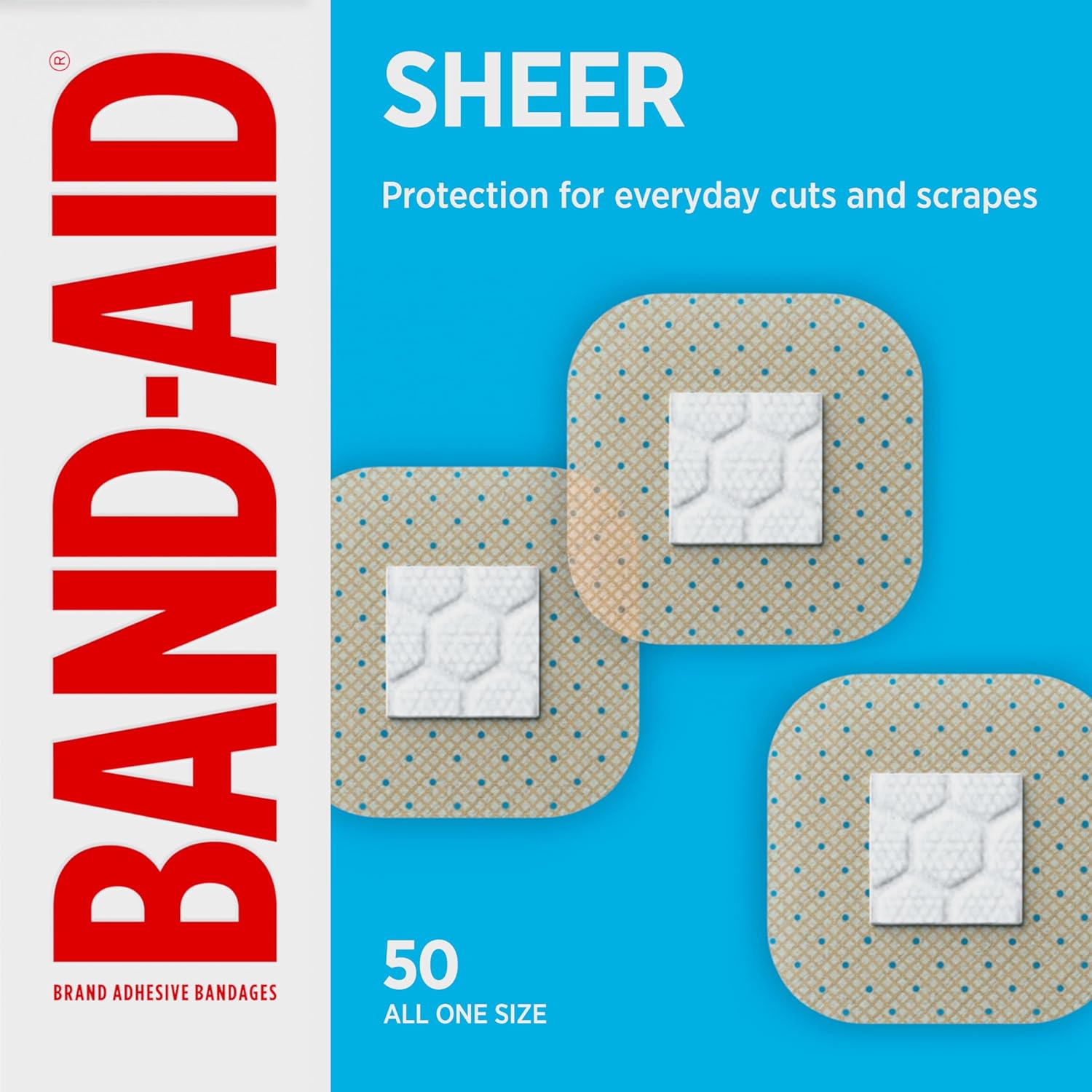 BAND-AID Brand Sheer Spots Adhesive Small Square Bandages, Sterile, Individually Wrapped Discreet First Aid & Wound Care for Minor Cuts & Scrapes, Quilt-Aid Comfort Pads, One Size, 50 ct