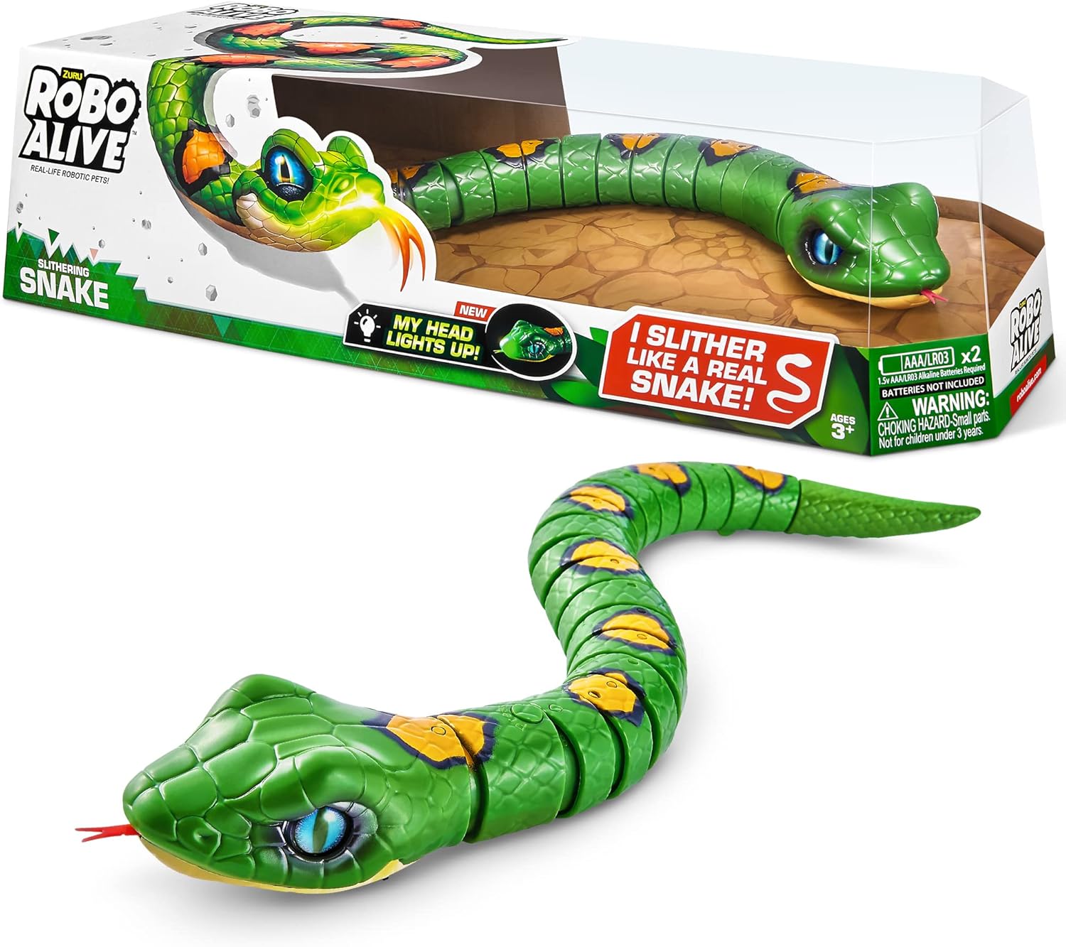 Robo Alive Slithering Snake Series 3 Green by ZURU Battery-Powered Robotic Light Up Reptile Toy That Moves (Green),7150B