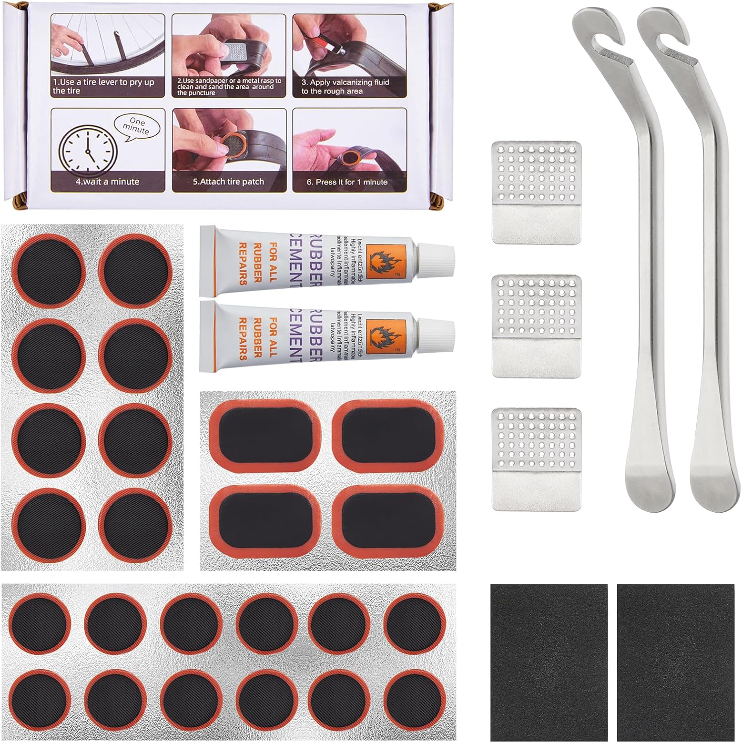 Zacro 34 PCS Bike Tire Repair Kit, with 24 PCS Vulcanizing Patches/26 Glueless Tube Patch Kits& 2 Premium Stainless Steel Levers, Bicycle Inner Flat Tube Patch Kit for MTB Ebike