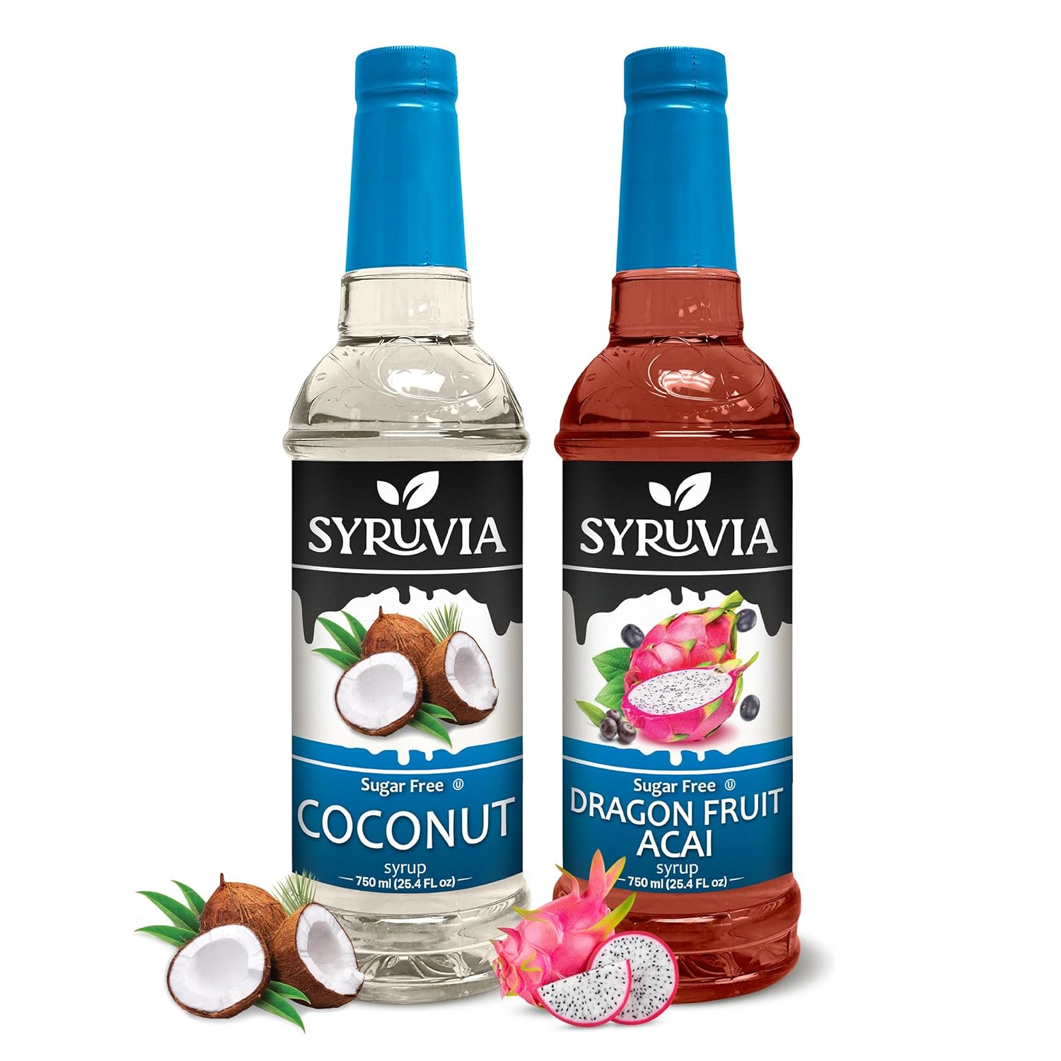Syruvia Sugar-Free Coconut & Sugar-Free Dragon Fruit Acai Syrup - 25.4 fl oz Premium Coffee Flavoring Syrup. 0 Calories, Kosher, and Gluten-Free. Ideal for Drinks, Sodas, Shakes, Desserts, and More.