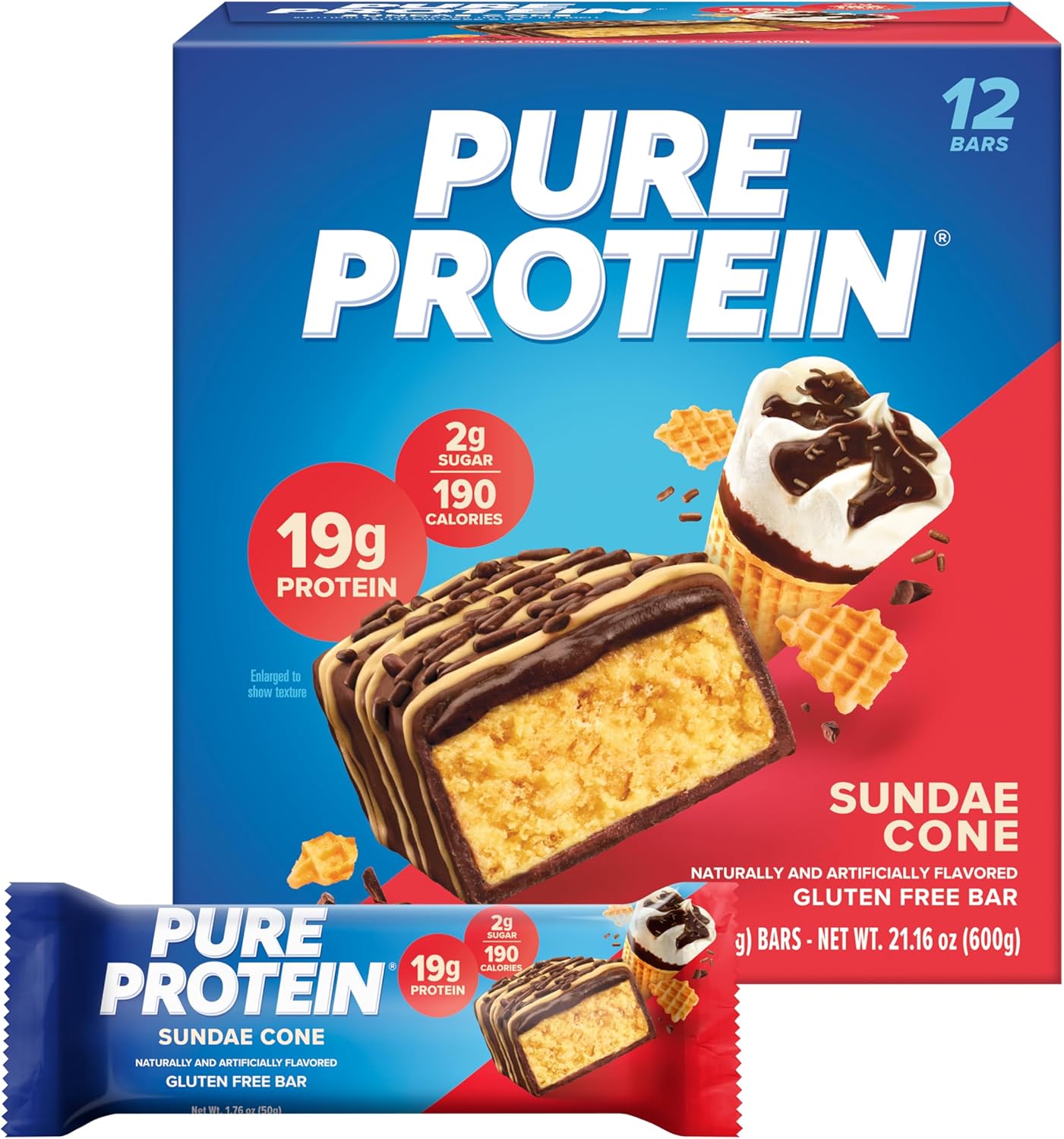 Pure Protein Bars, High Protein, Nutritious Snacks to Support Energy, Low Sugar, Gluten Free, Sundae Cone, 1.76oz, 12 Count (Packaging May Vary)