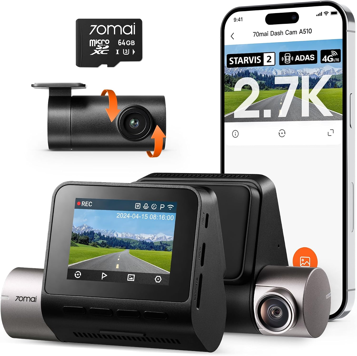 70mai 2.7K Dash Cam Front and Rear A510, 1944P+1080P Ultra Full HD Dual Car Camera with STARVIS 2 IMX675 and 64GB Card, Built-in GPS, 4G LTE, G-Sensor, ADAS, HDR, Night Vision, APP Control, Max 256GB