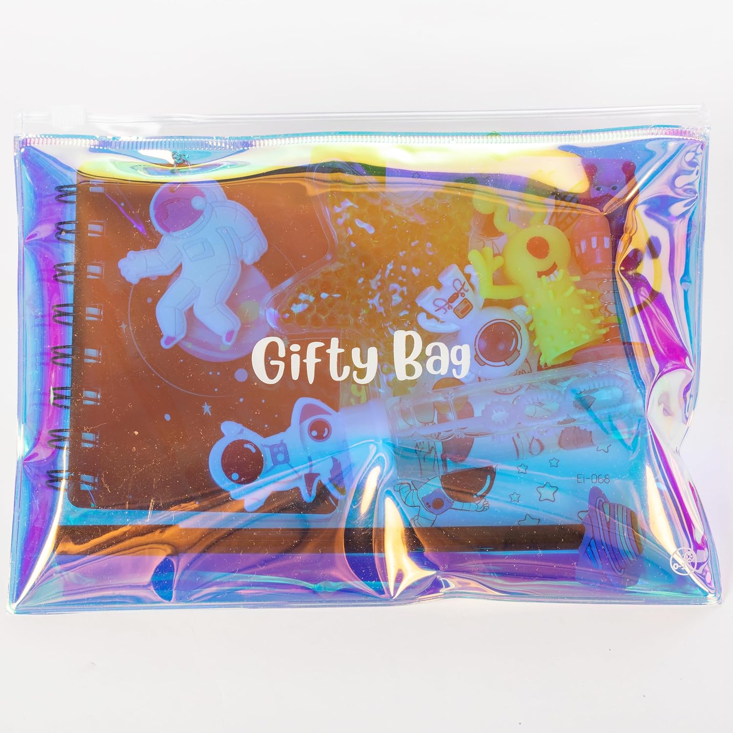 Gifty Bag 6 x Pre Filled Space Party Bags for Kids, Premium Ready To Go Bags Include 10 Fun Fillers, Plus a Hologram Reusable Pouch with Zipper, Ideal as a Space Gift Bag or Pencil Case, Pack of 6