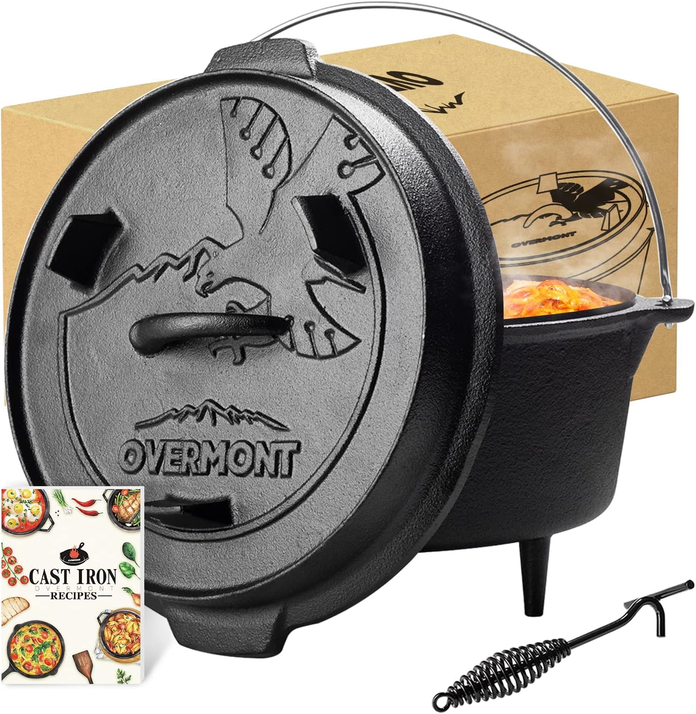 OVERMONT 5.7L/6 Quart(Pot body+lid) All-Round Dutch Oven Dual Function Lid Griddle with Lid Lifter Camping Pre Seasoned Cast Iron Pot