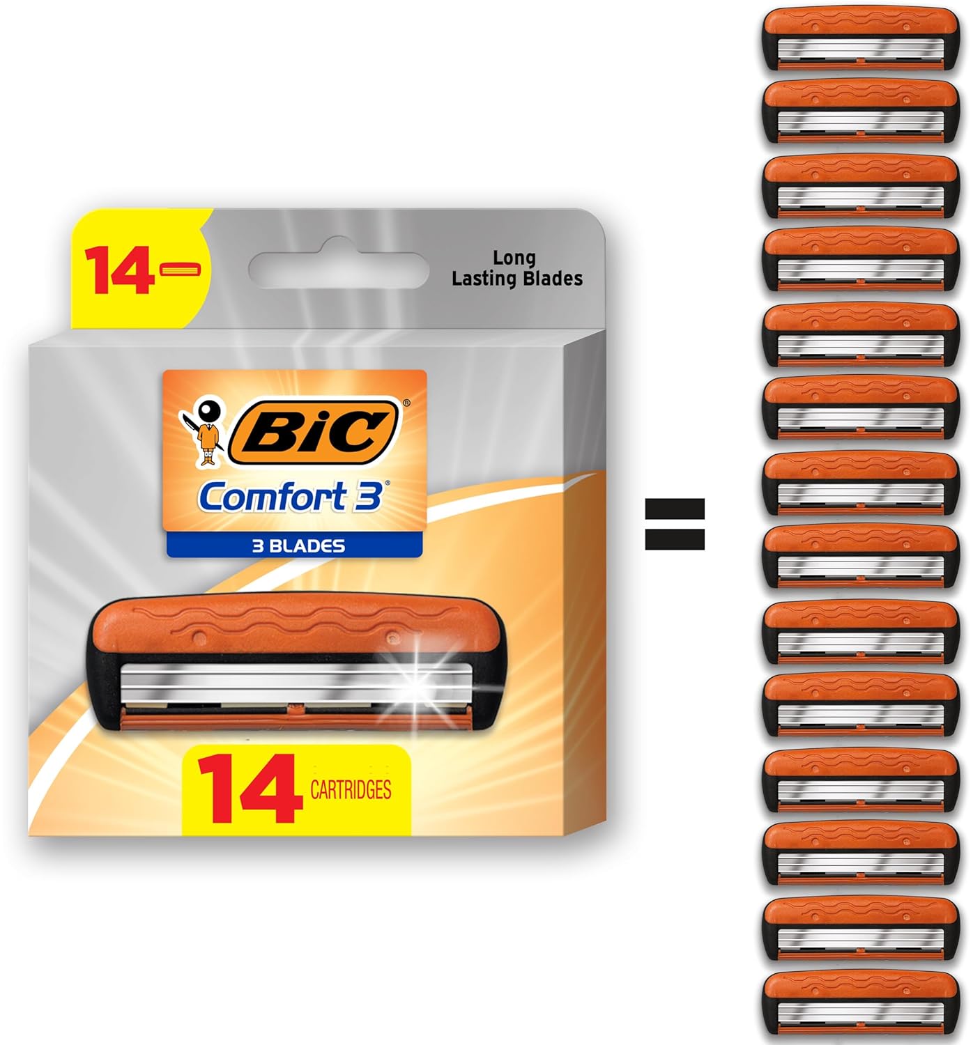 BIC Comfort 3 Refillable Refill Razor Cartridges, Three-Blade Disposable Razors for Men, Sensitive Skin Razor for a Comfortable Shave, 14 Razor Refill Cartridges