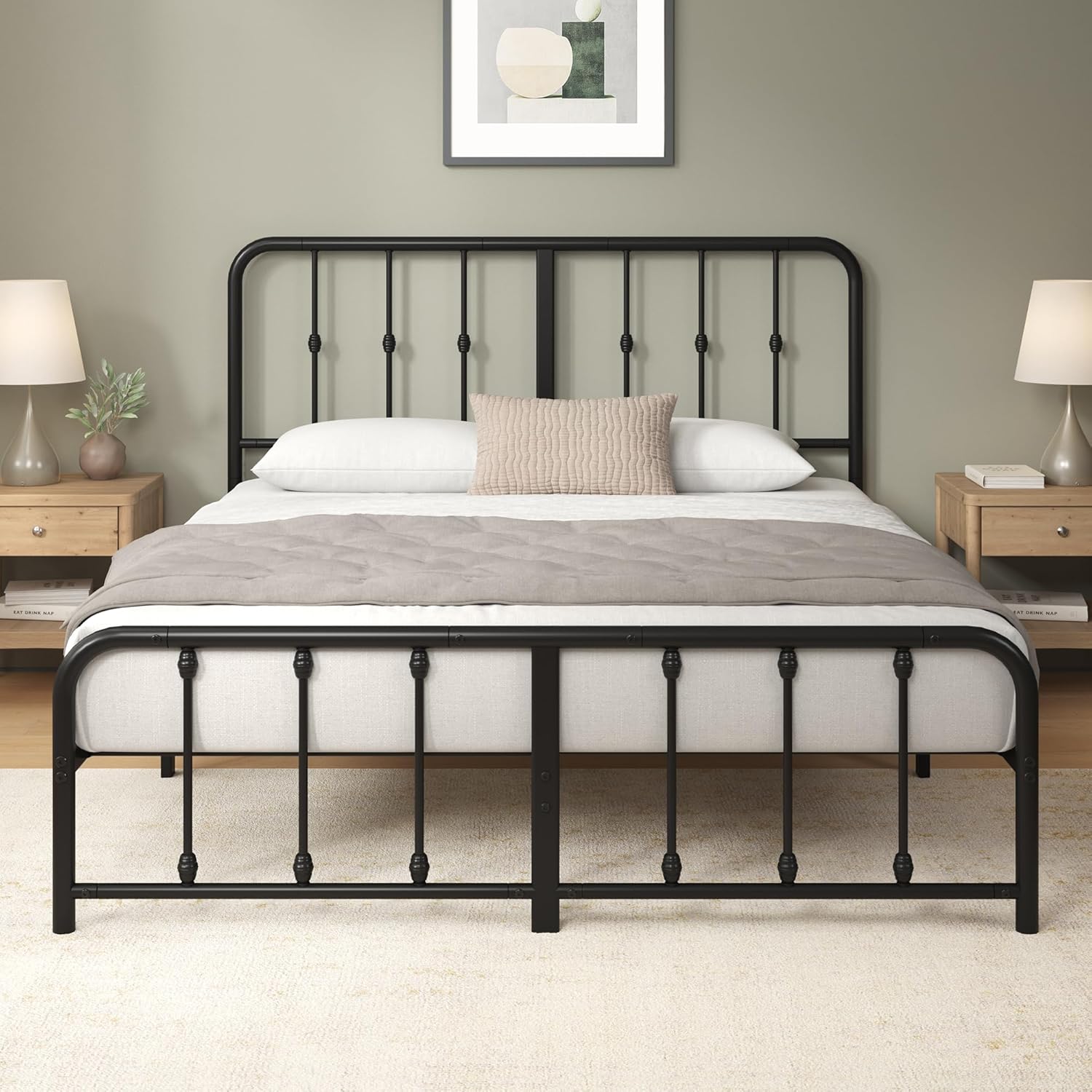 ZINUS Florence Double Bed Frame with Headboard - 4ft6 (135 x 190 cm) - 14'' Height - Metal Bed Base with Footboard - Steel Slat Support - Easy Assembly - Black