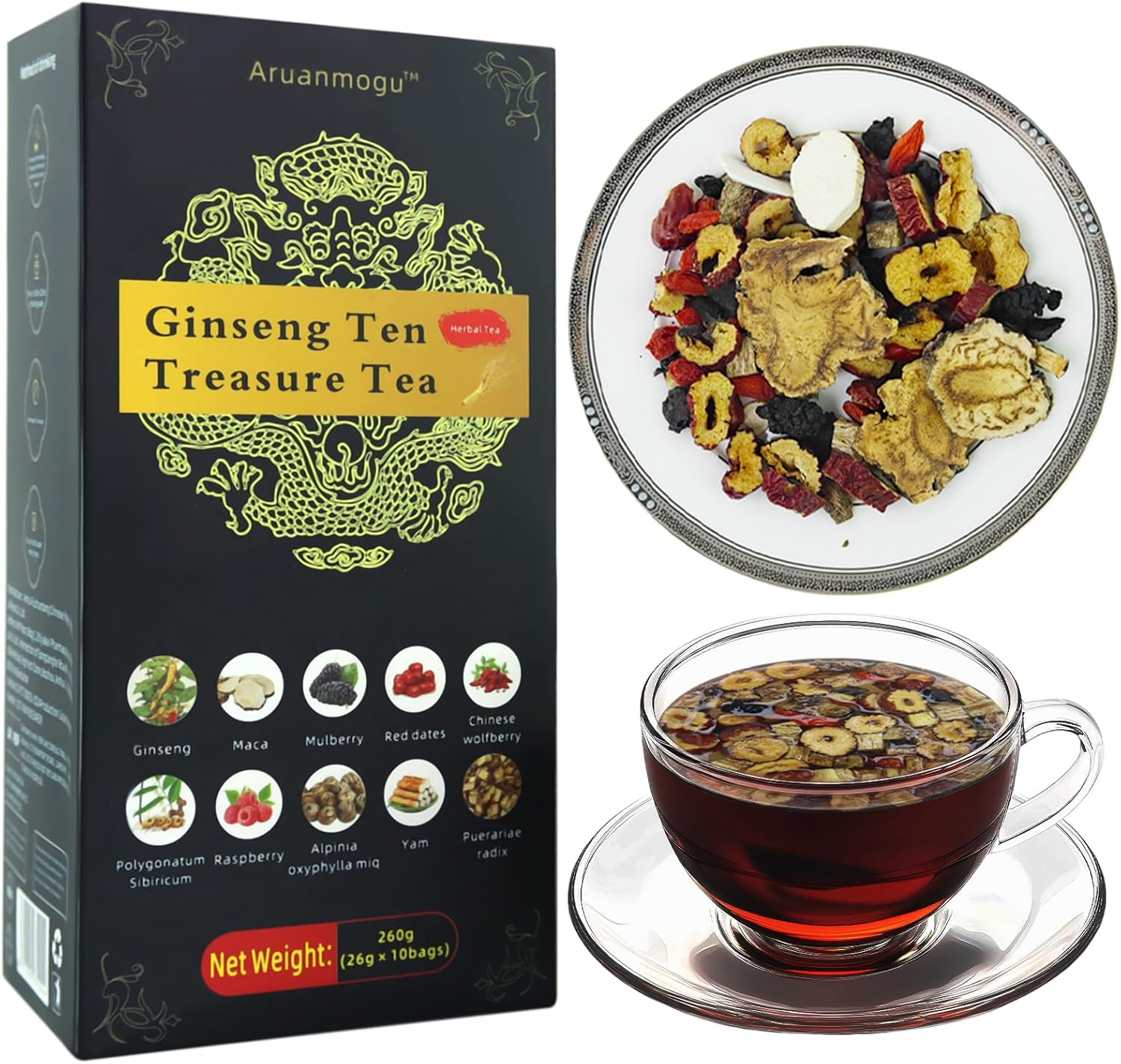 260g /10 bags,Maca Kidney Tea Formula Ginseng Ten Treasure Tea, Chinese Herbal Kidney Tea Bag for Male Enhancement Support Booster ,Nourishing, Women's Health and Beauty,Cleansing and Detoxifyingto