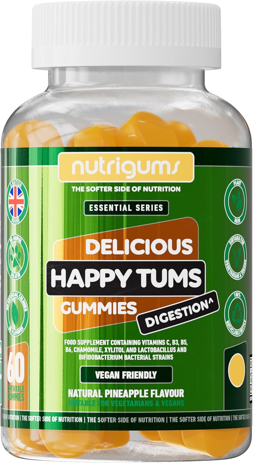 Happy Tums Probiotic Complex Gummy | 1.125 Billion CFU Triple Strain Probiotics, Vitamin C, B3, B5, B6 & Chamomile 1000mg | Pineapple Flavour | 60 Vegan Gummies | Gut & Digestive Health by NUTRIGUMS®