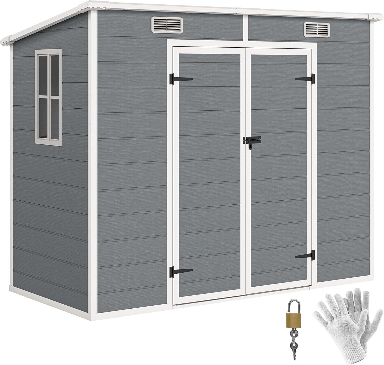 Outsunny 8' x 4' Outdoor Storage Shed, Resin Plastic Shed with Floor, Window, Lockable Doors and Vents, All-Weather Tool Shed for Backyard, Patio, Lawn, Gray