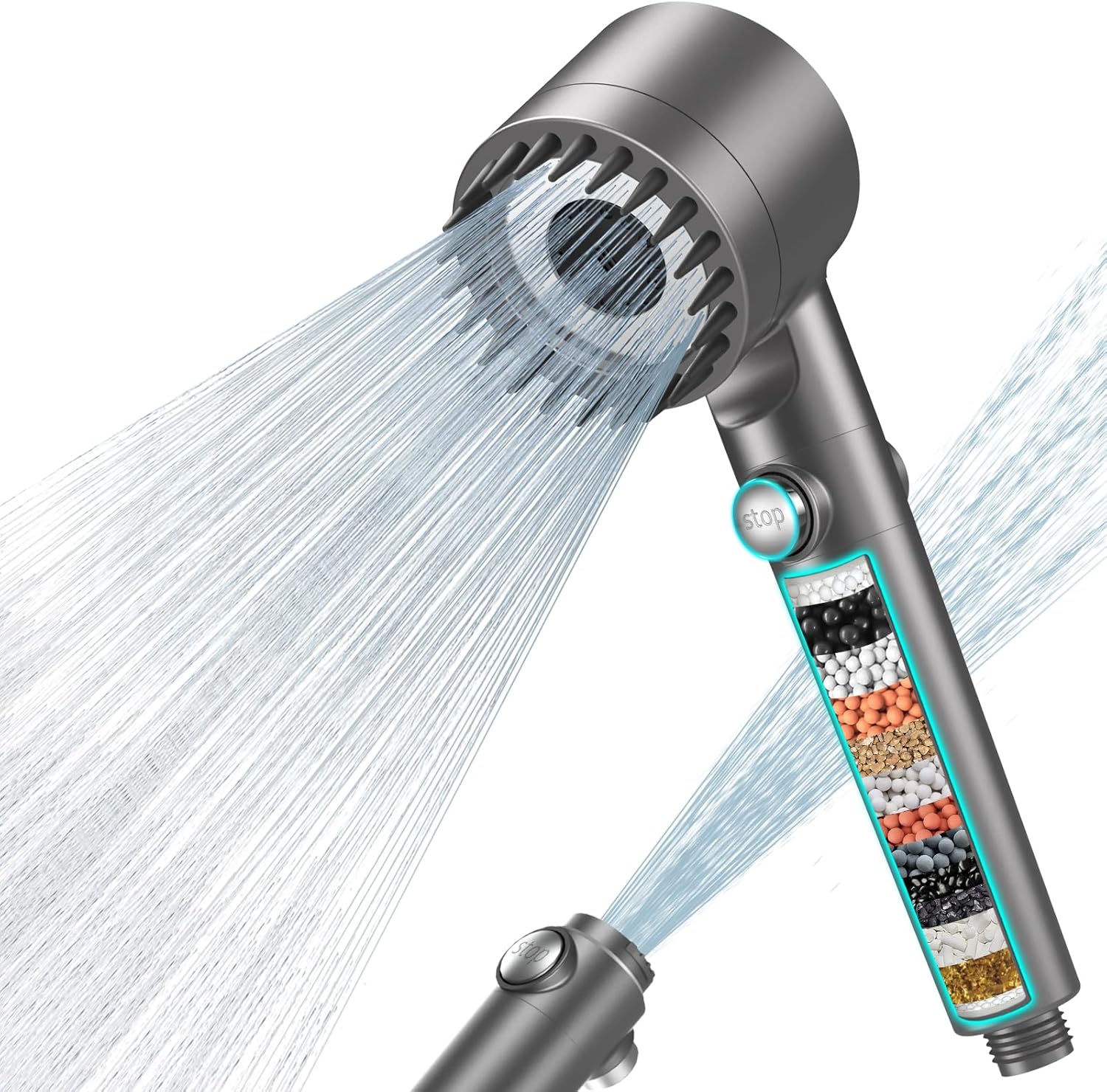 MEKO Hard Water Filter Shower Head with 15 Stage Filter, 3+1 Spray Jet Modes High Pressure Shower Head and 1.5m Hose, Handheld Massage Shower Filter for Residual Chlorine Remove (Grey)